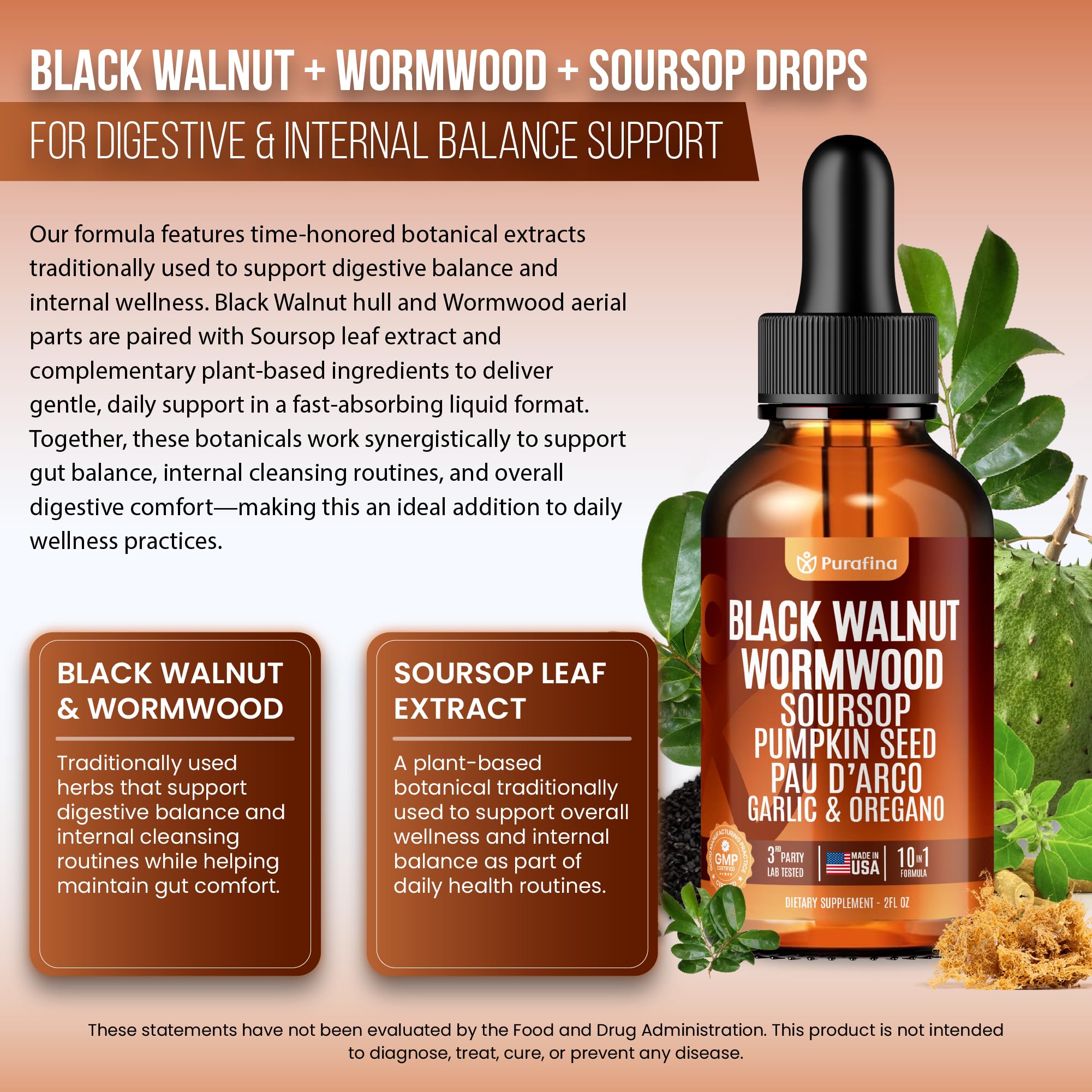 Purafina Wormwood Black Walnut Clove Liquid Drops ingredients close-up
