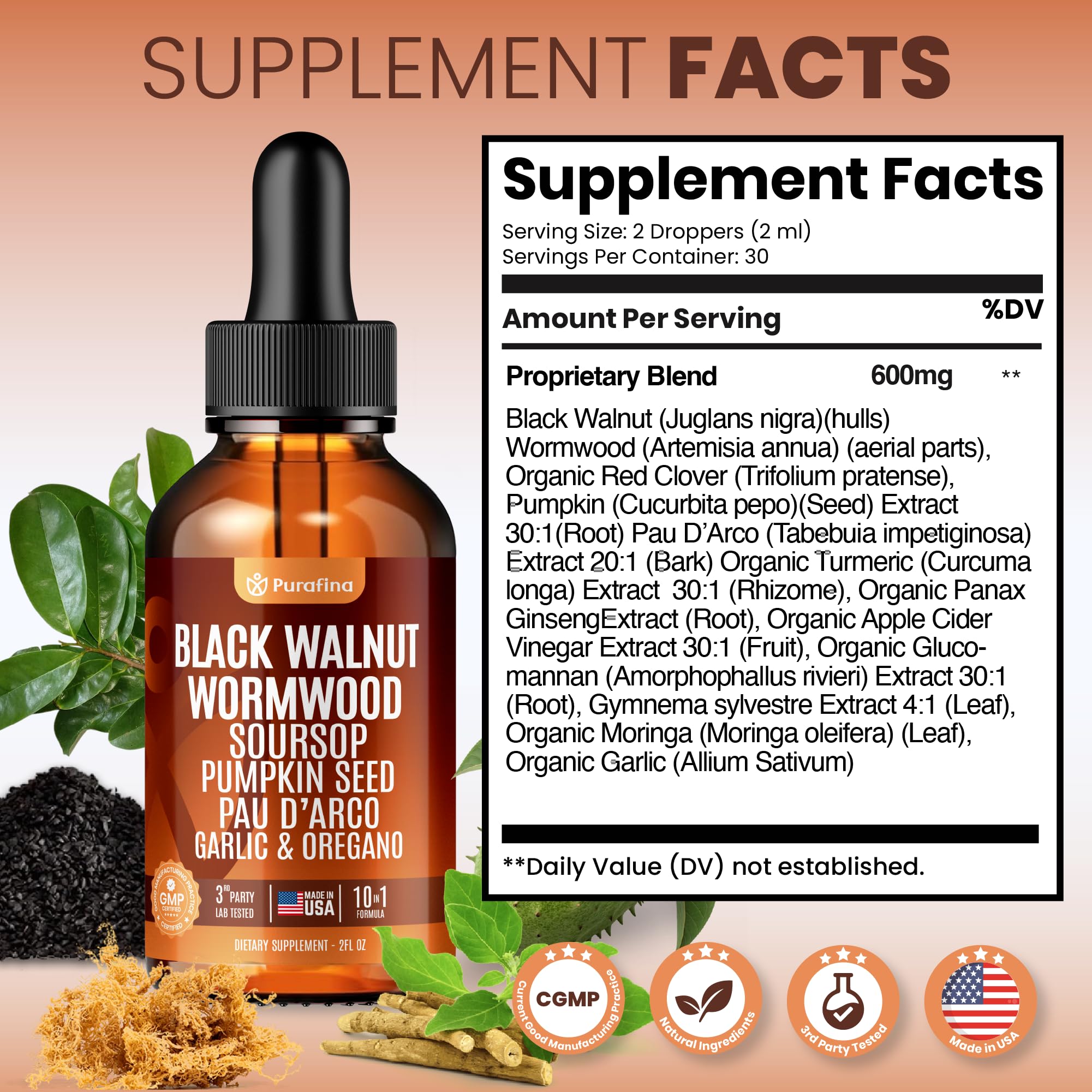Purafina Wormwood Black Walnut Clove Liquid Drops with fresh herbs