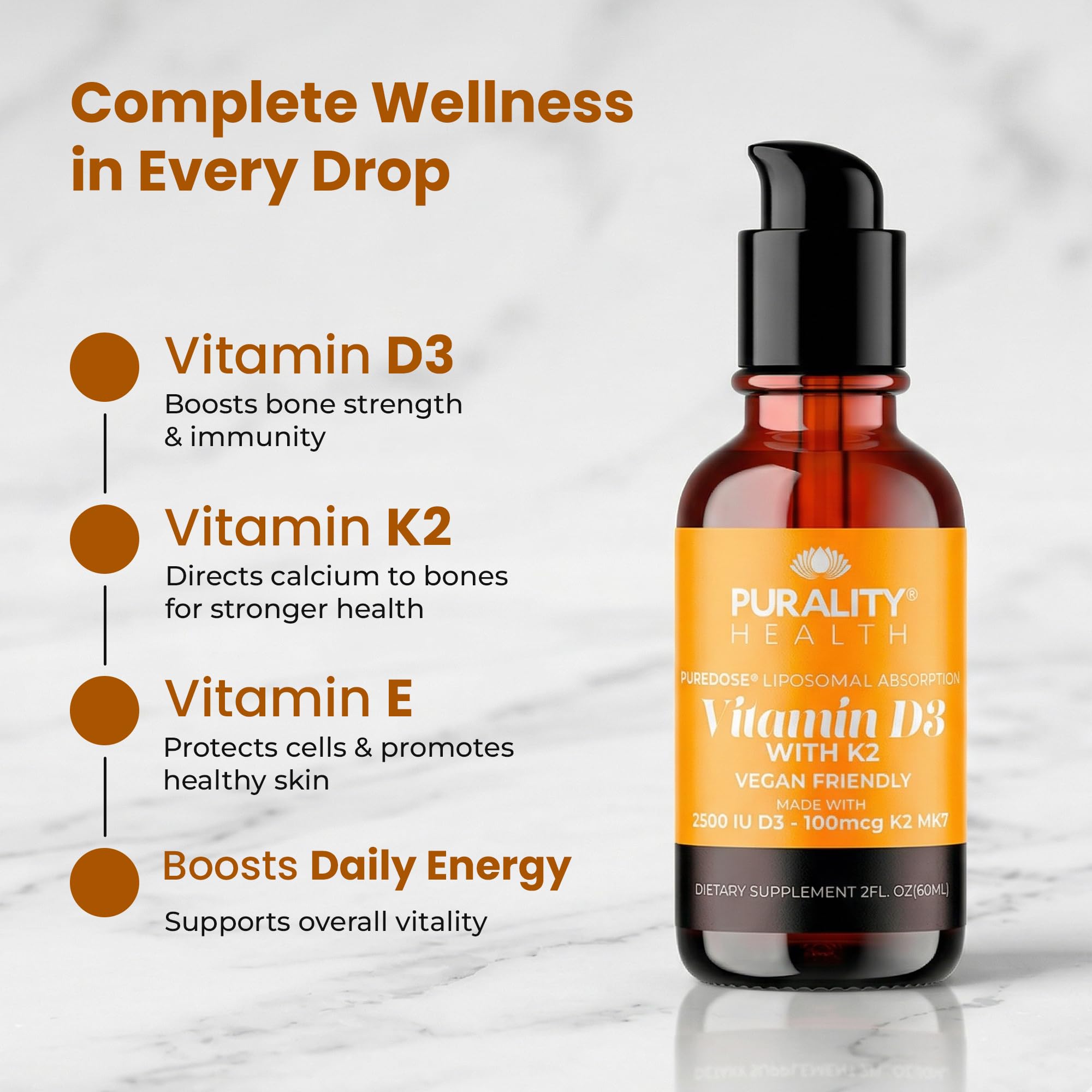 PURALITY HEALTH Vitamin D3 & K2 liquid supplement bottle with citrus flavour