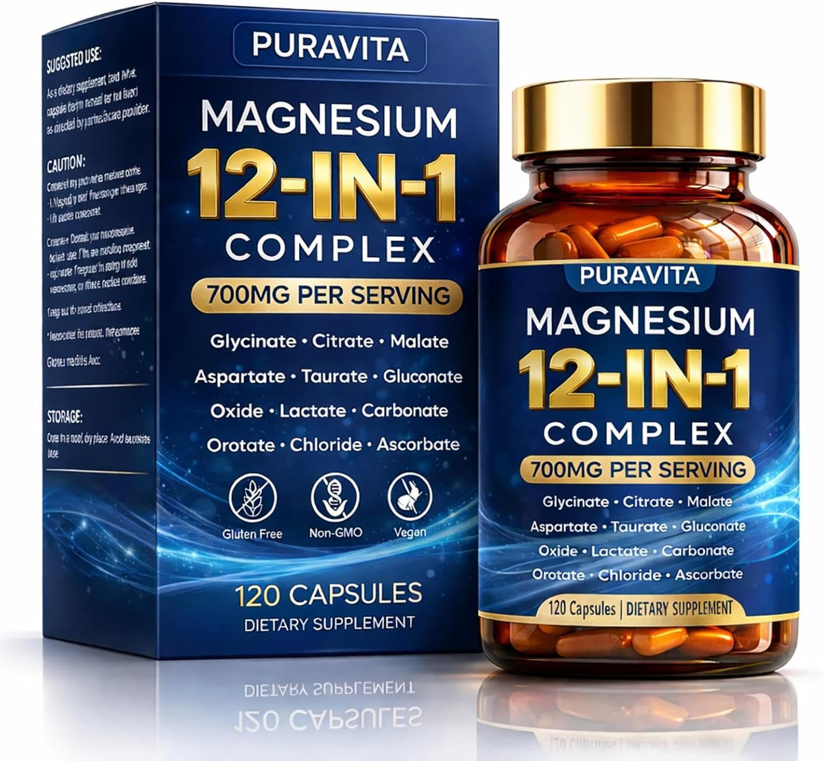 PURAVITA 12-In-1 Magnesium Blend 700mg front view of bottle
