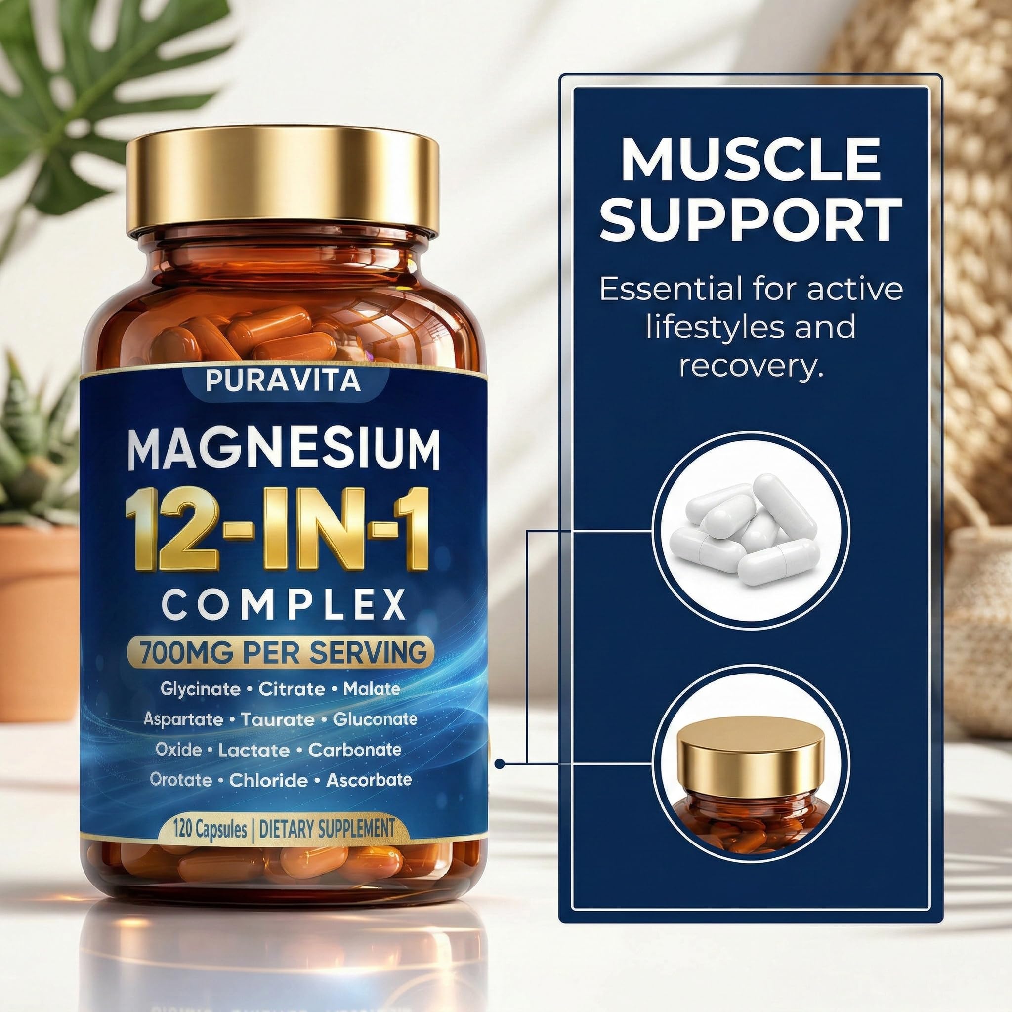 PURAVITA Magnesium Blend 700mg capsules on a table