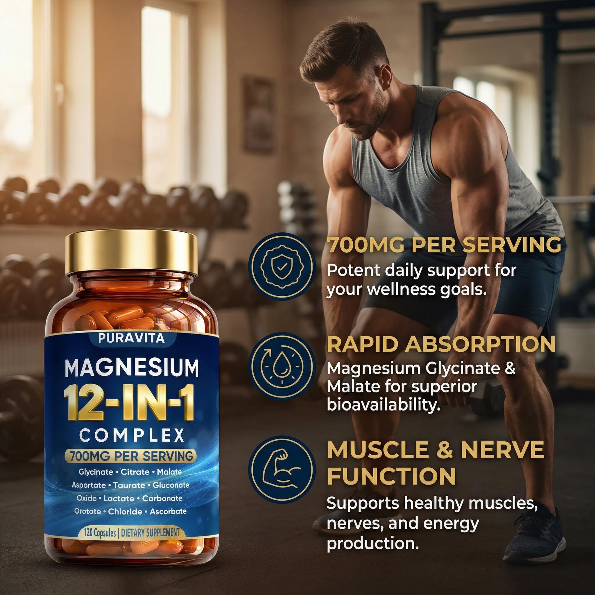 PURAVITA Magnesium Blend 700mg side view of bottle