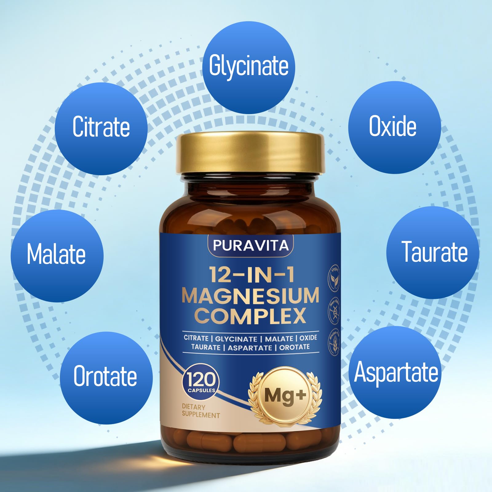 PURAVITA Magnesium Complex 12 in 1 capsules on a wooden surface