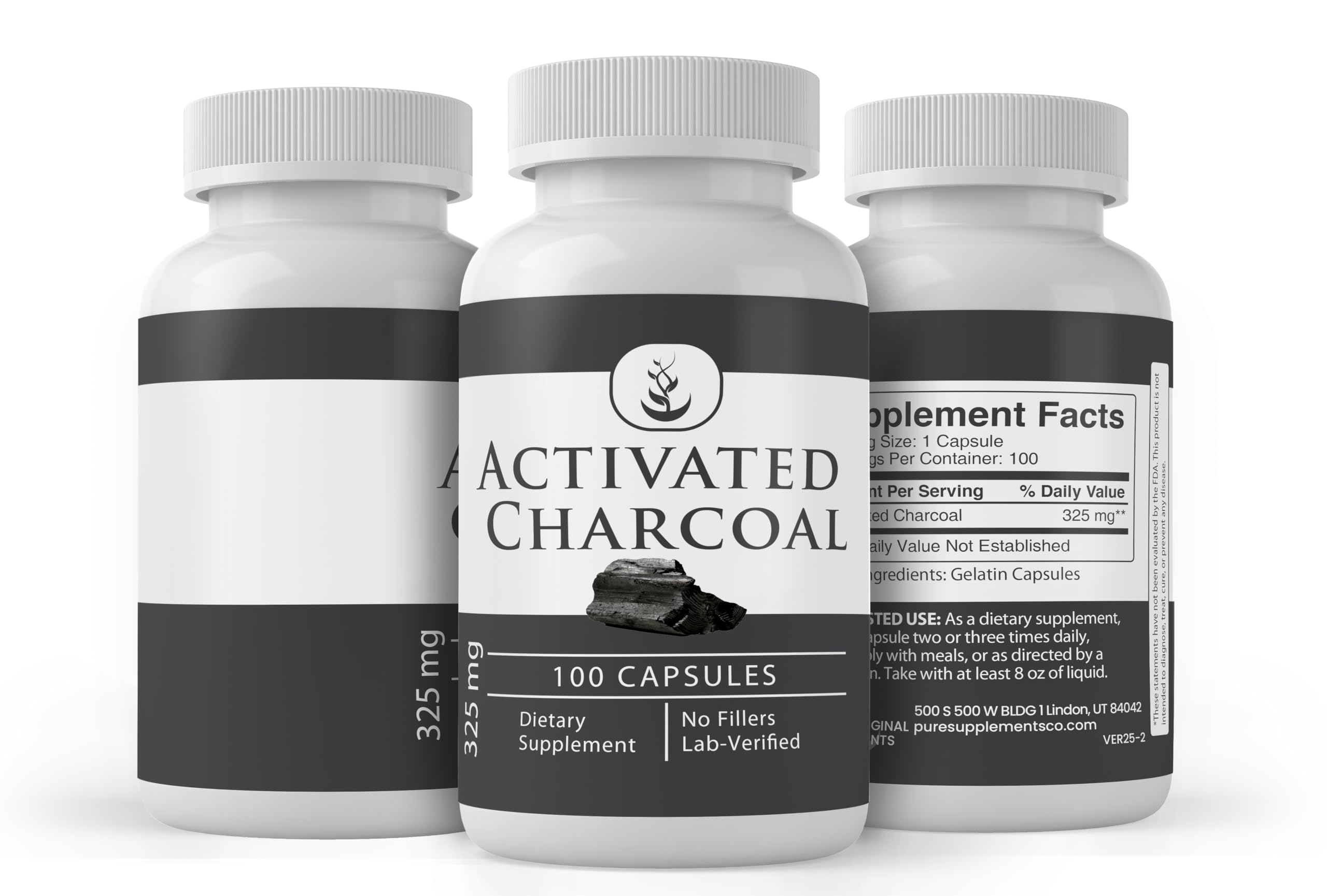 PURE Activated Charcoal Capsules on a wooden surface