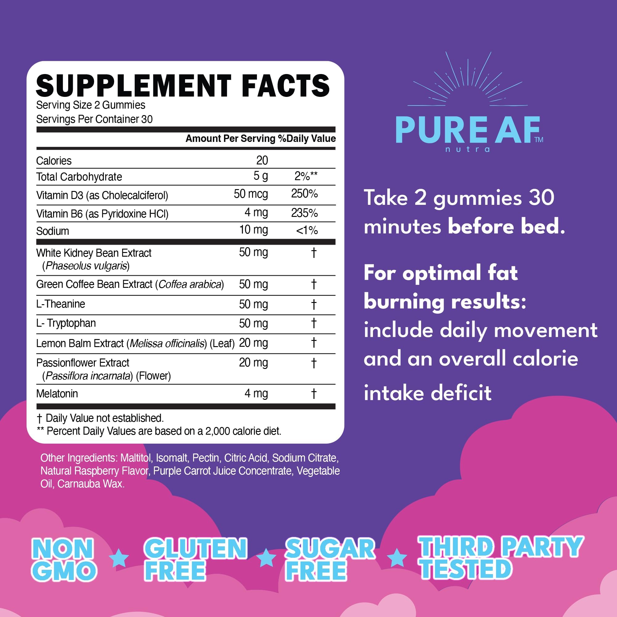 Pure AF Nutra Night Time Fat Burner Gummies with a glass of water