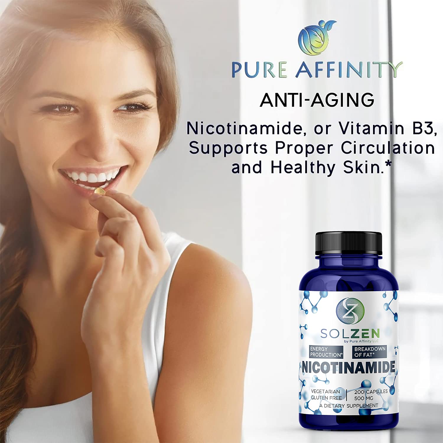 Pure Affinity Nicotinamide 500mg capsules inside bottle