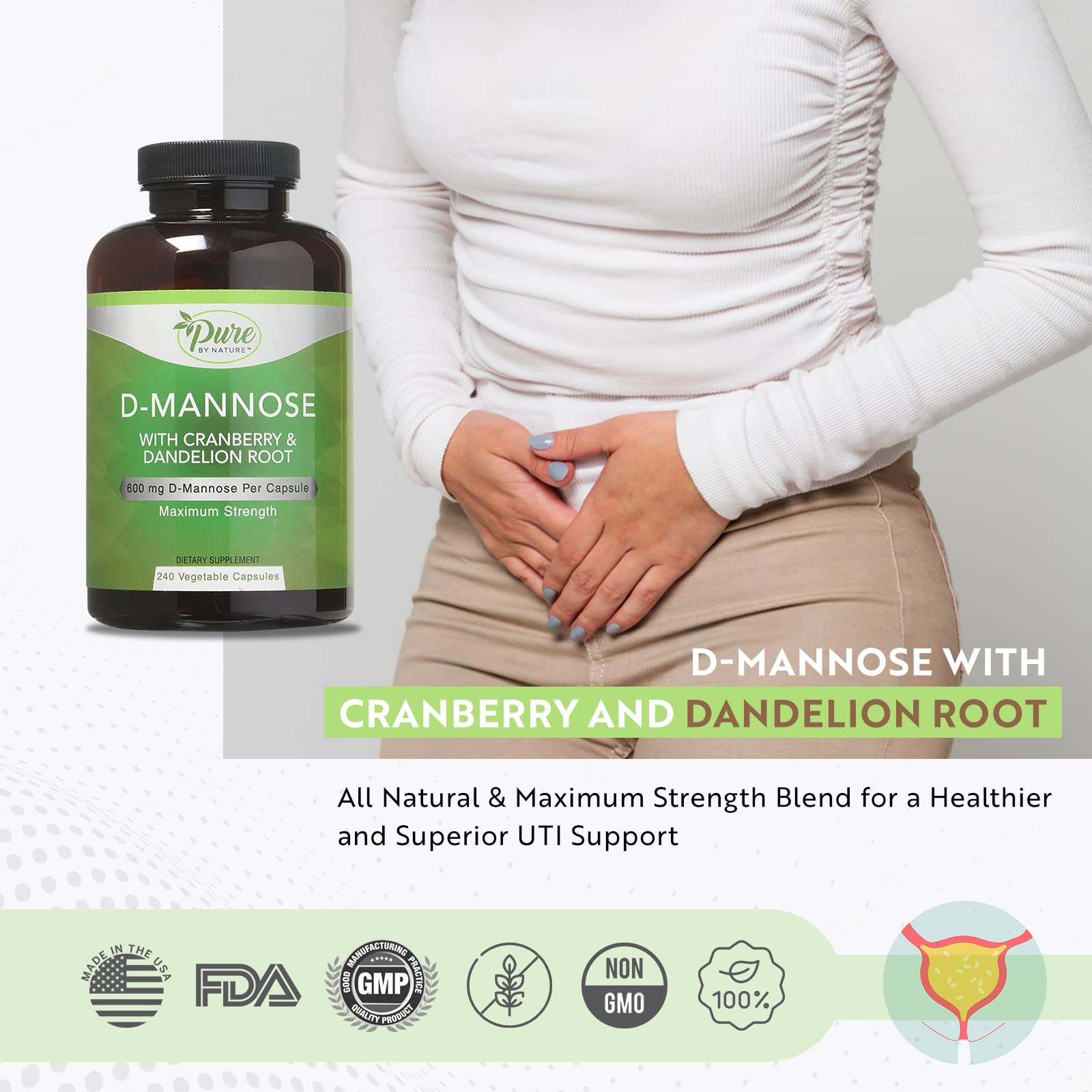 Pure By Nature Cranberry D-Mannose Capsules bottle with cap open