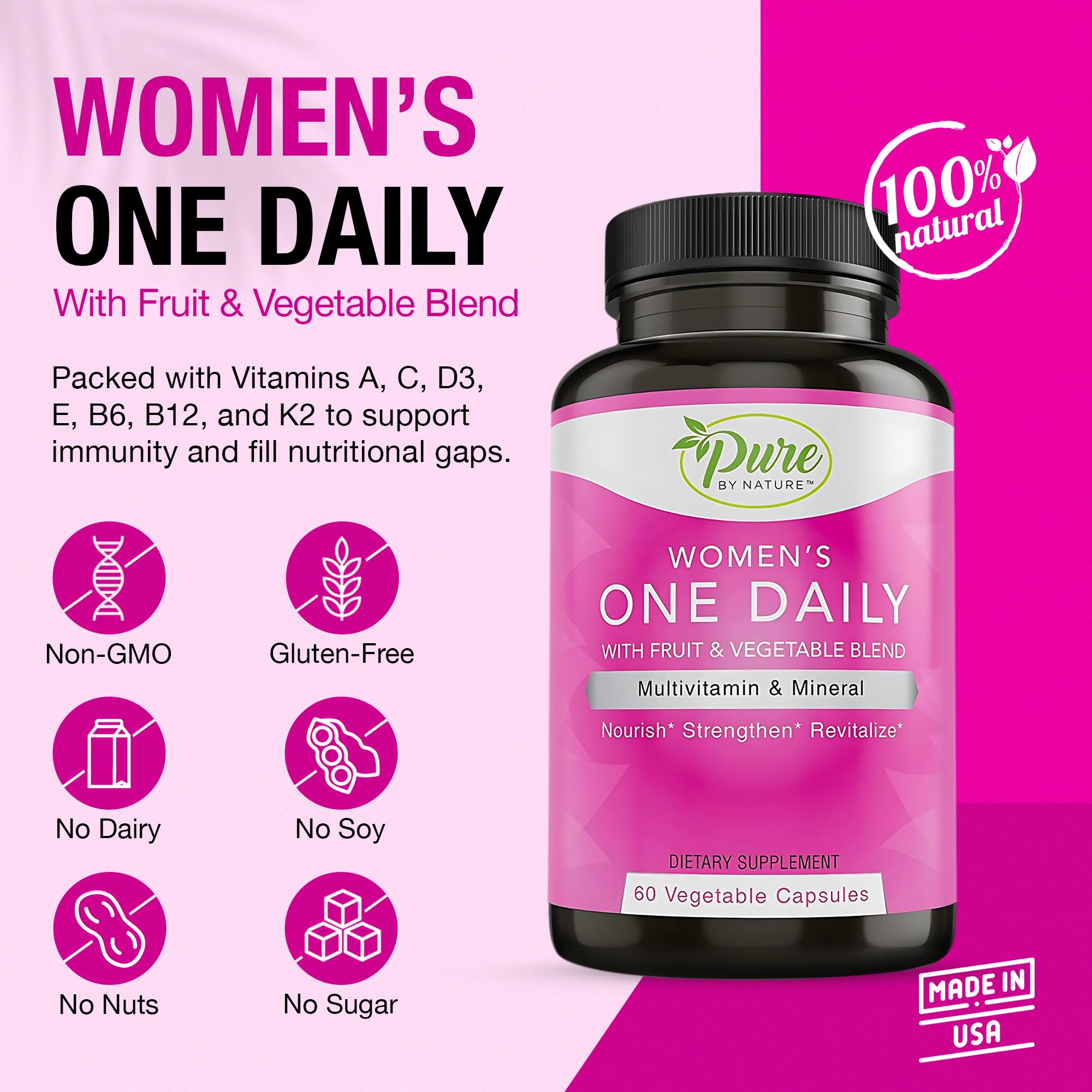 Pure By Nature Multivitamins side view showing ingredients