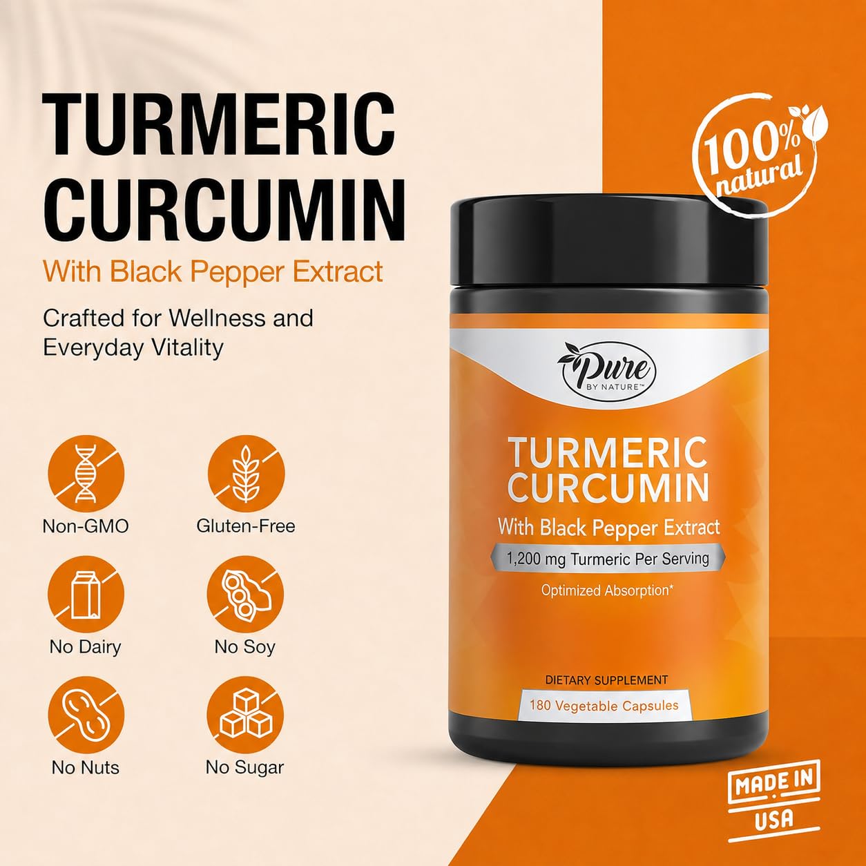 Pure By Nature Turmeric Curcumin Supplement 180 capsules side view
