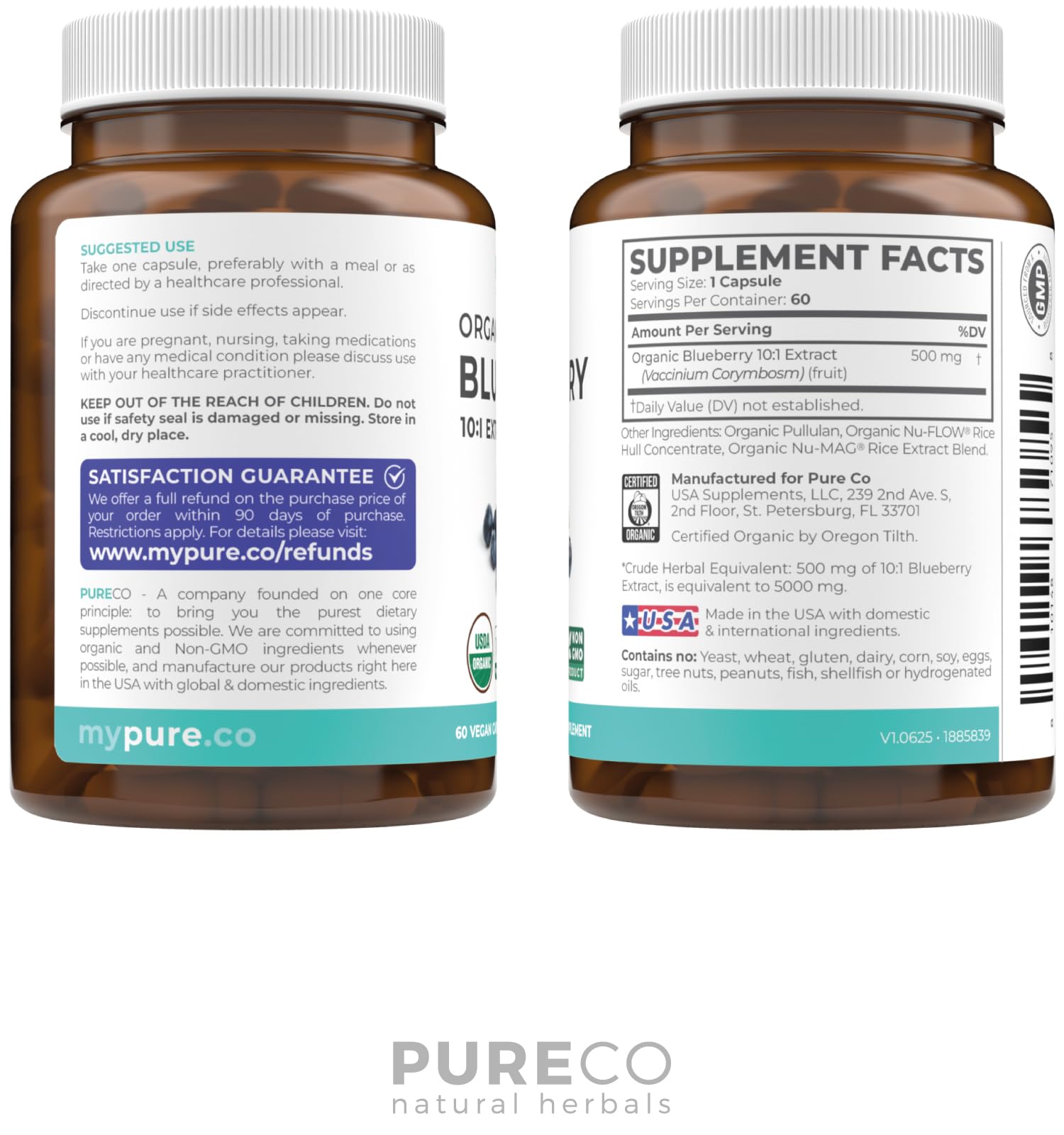 PURE CO Blueberry Extract Supplement 68g bottle on a table