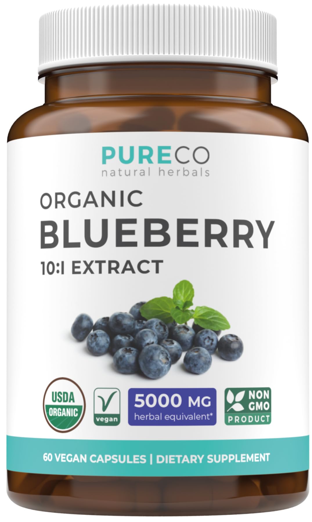PURE CO Blueberry Extract Supplement 68g front view with packaging