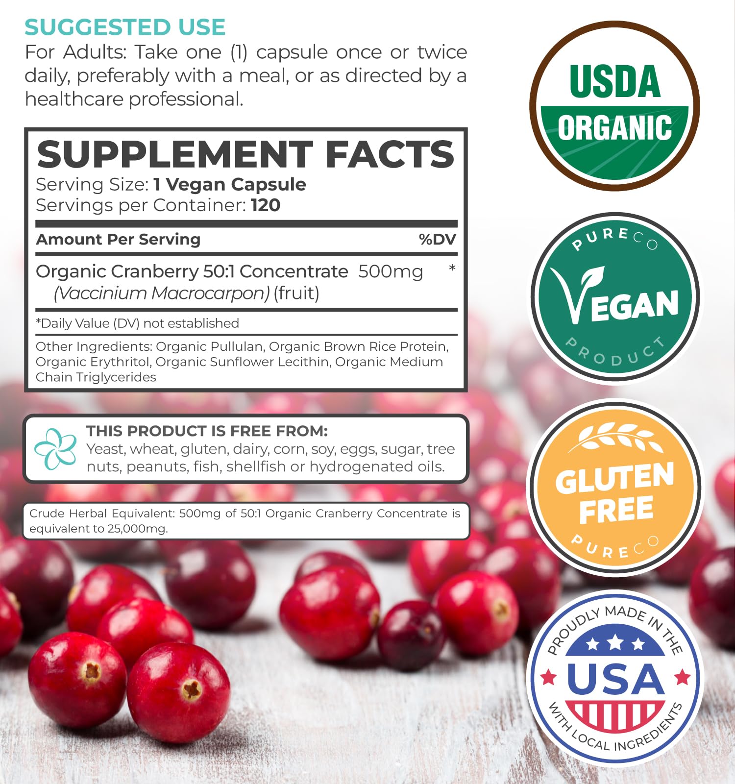 PURE CO Cranberry Extract capsules on a wooden surface
