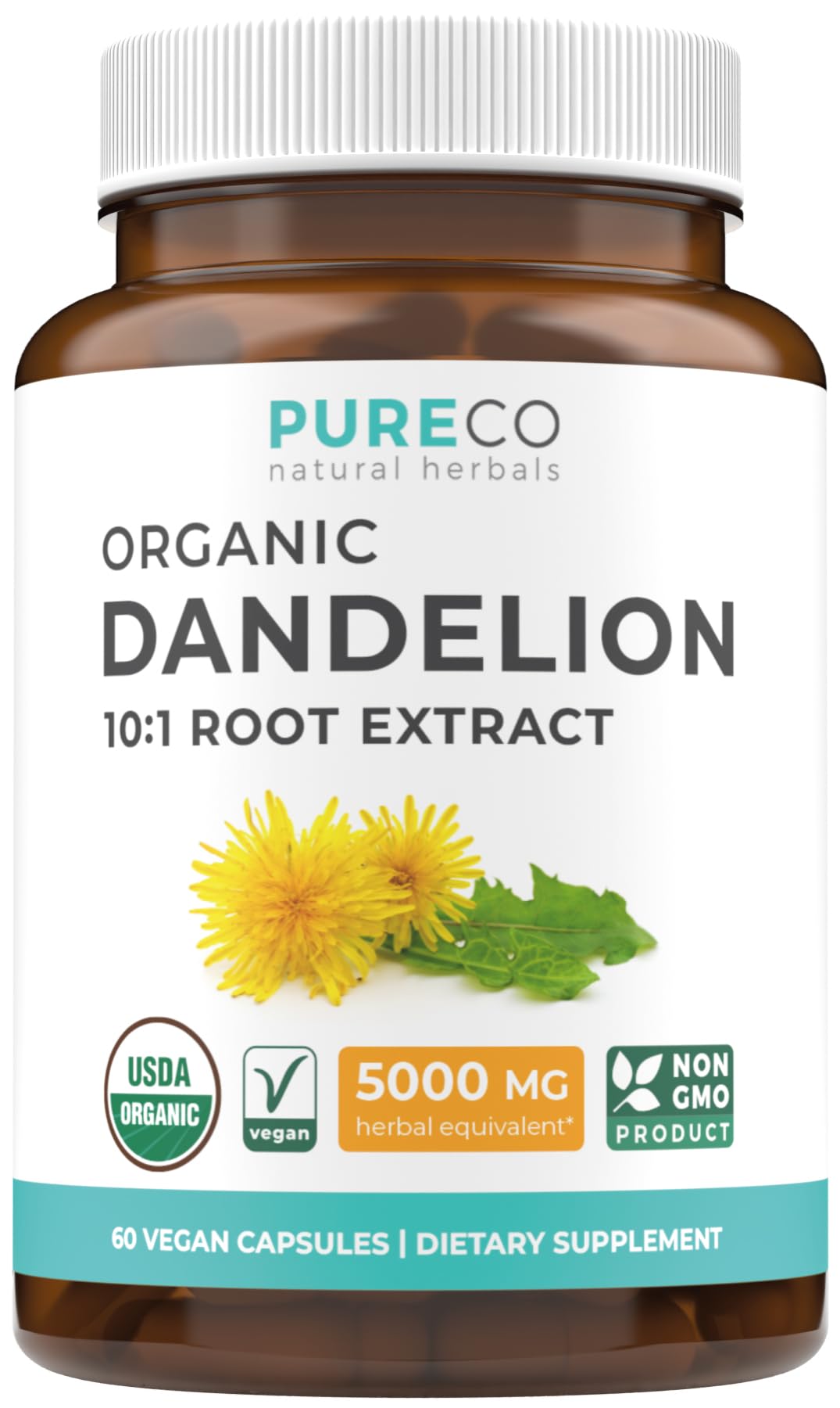 PURE CO Dandelion Root Organic Capsules 60 count front view