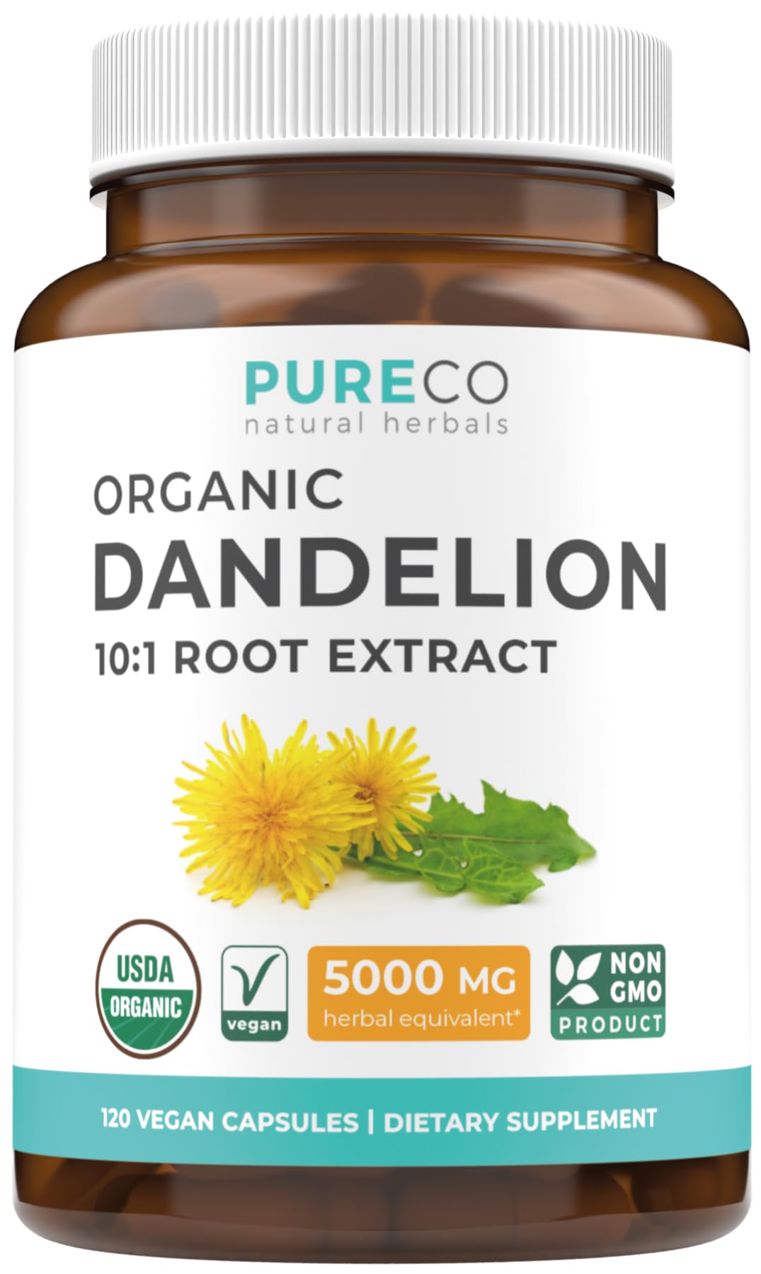 PURE CO Dandelion Root Organic Capsules bottle front view