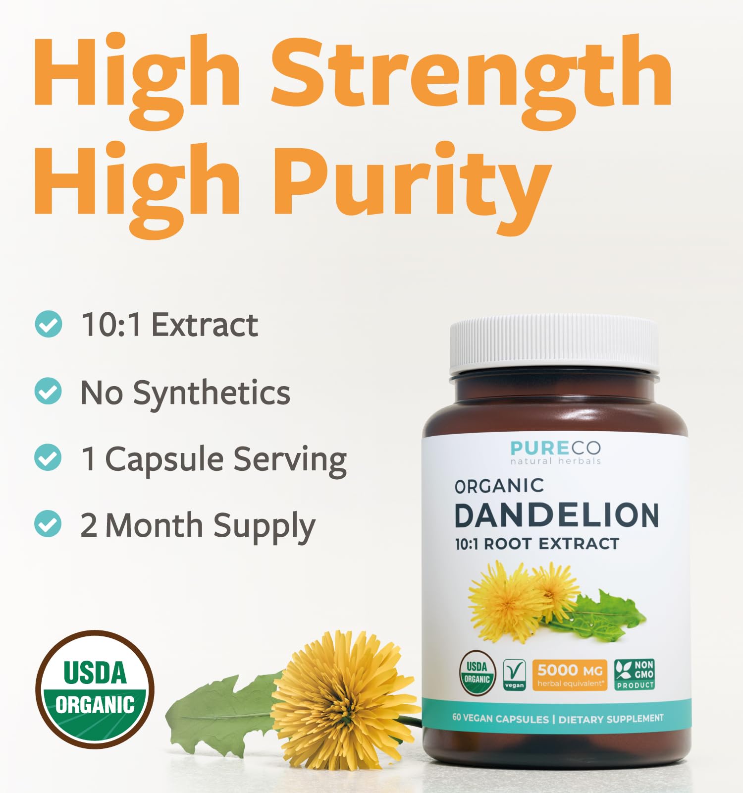 PURE CO Dandelion Root Organic Capsules bottle side view