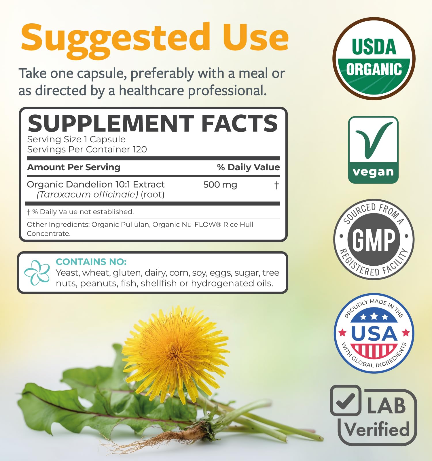 PURE CO Dandelion Root Organic Capsules on wooden table