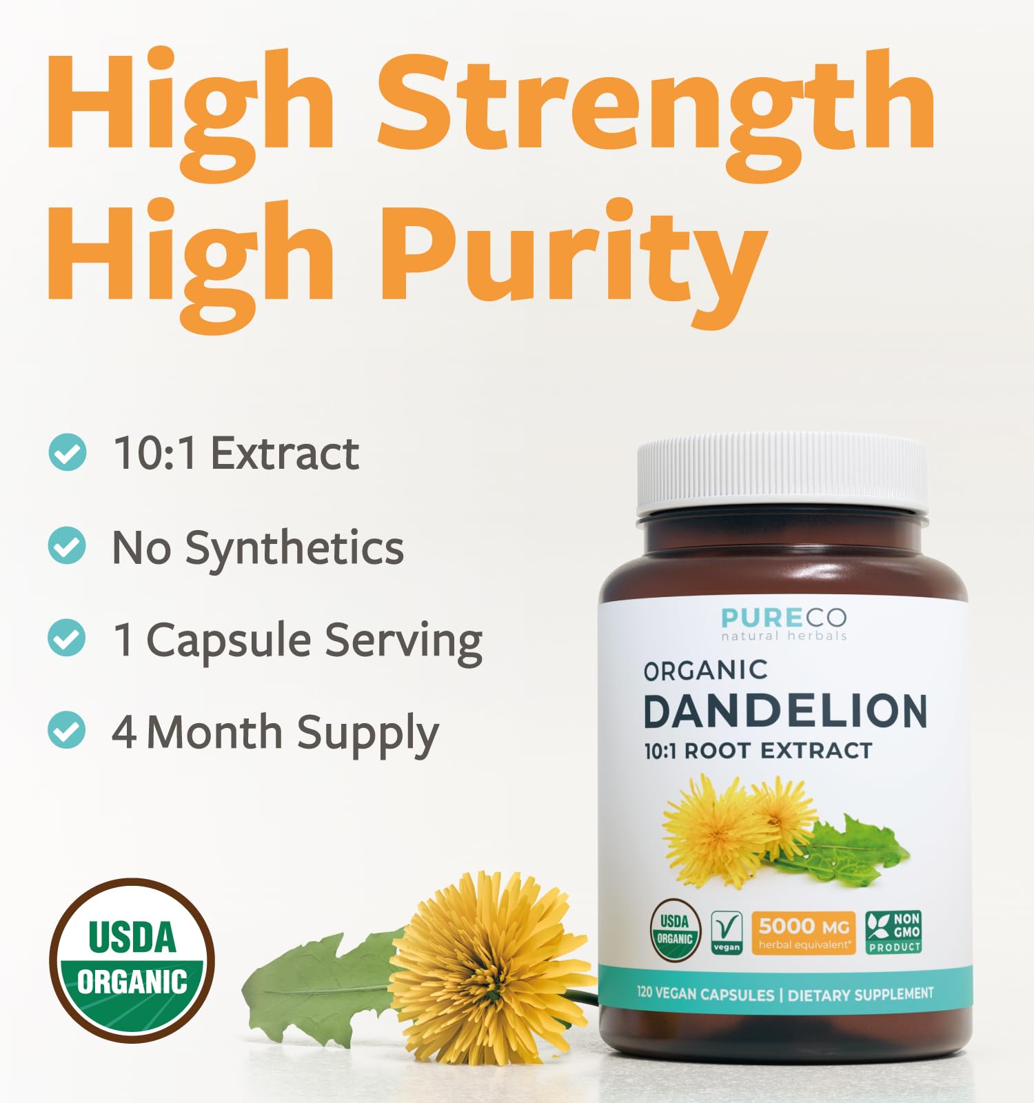 PURE CO Dandelion Root Organic Capsules side view with label