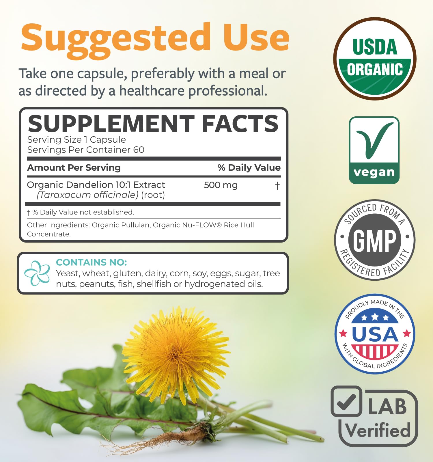 PURE CO Dandelion Root Organic Capsules with a measuring spoon