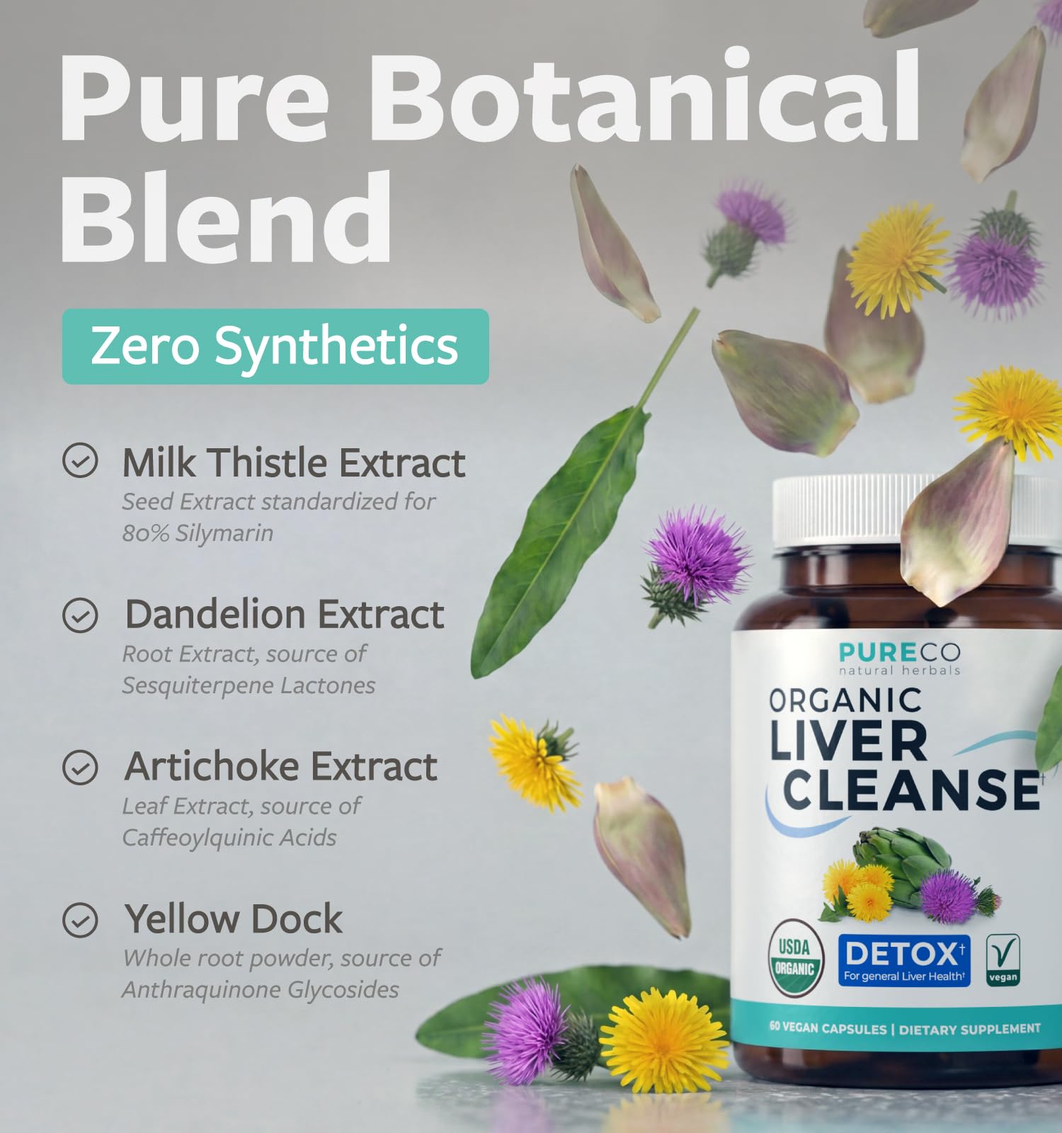PURE CO Milk Thistle Capsules back view with ingredient list