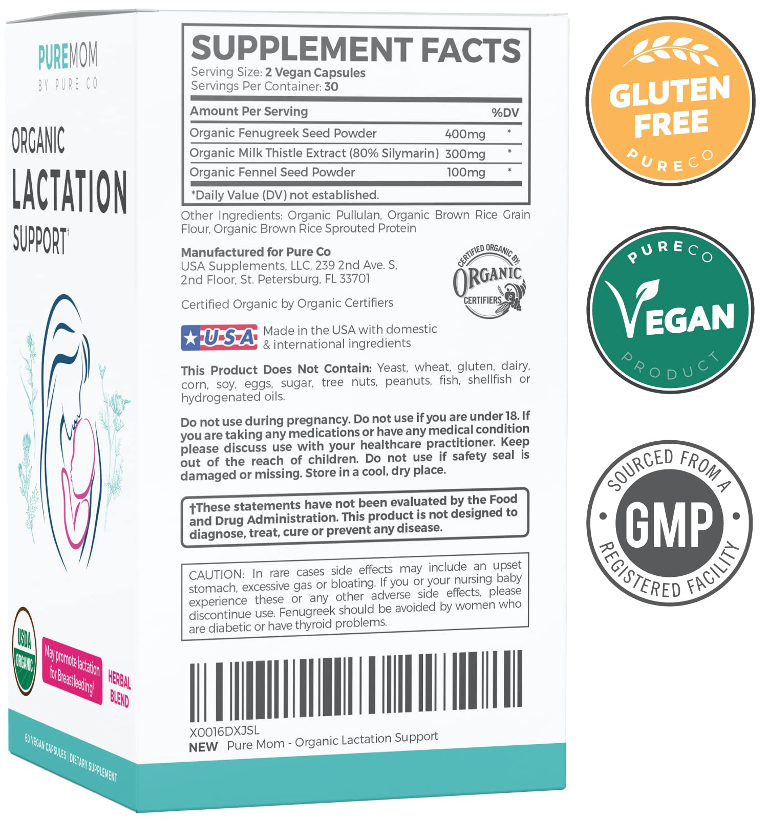 PURE CO Milk Thistle Lactation Support Supplement packaging and capsules