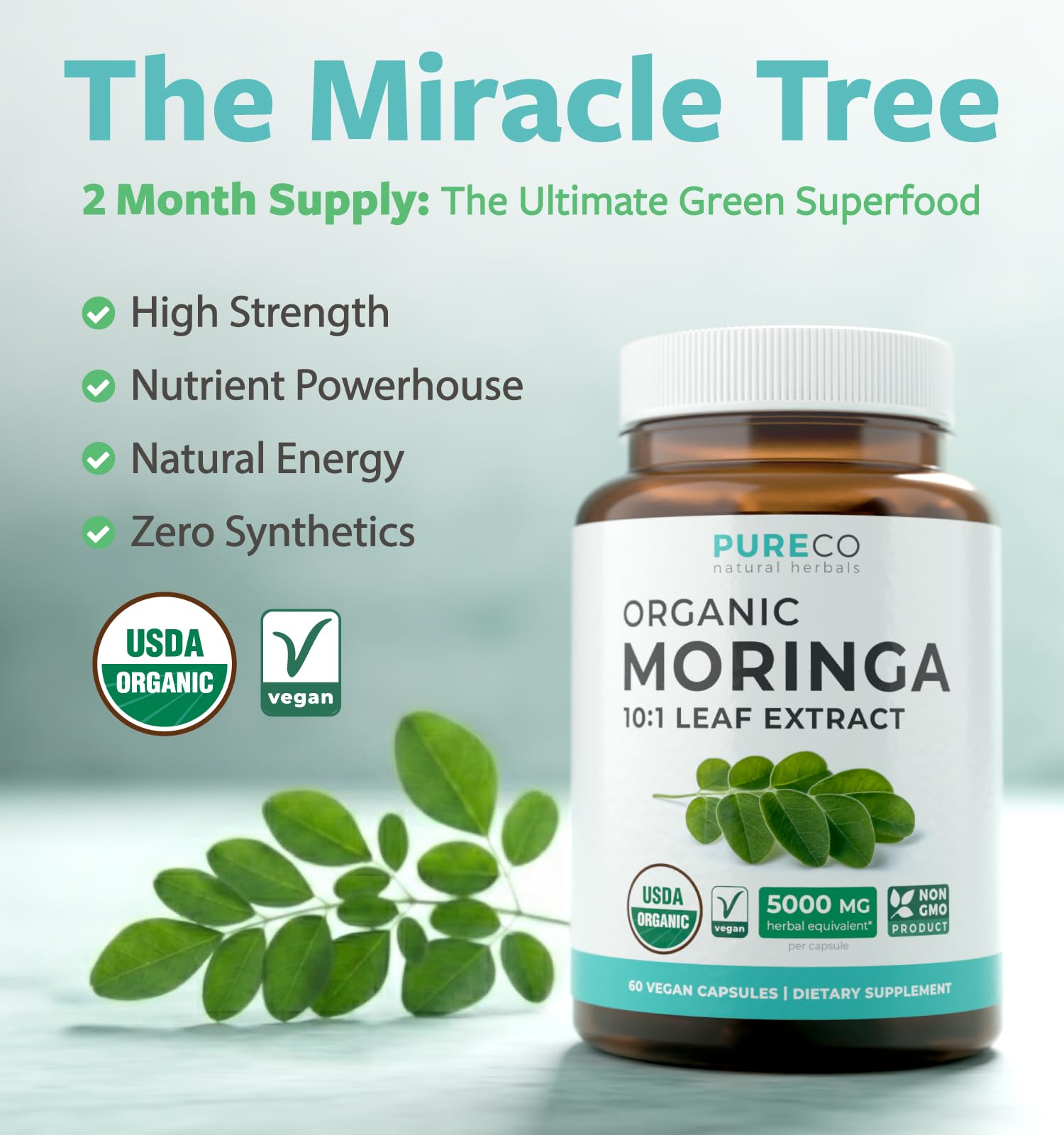 PURE CO Moringa Capsules bottle side view