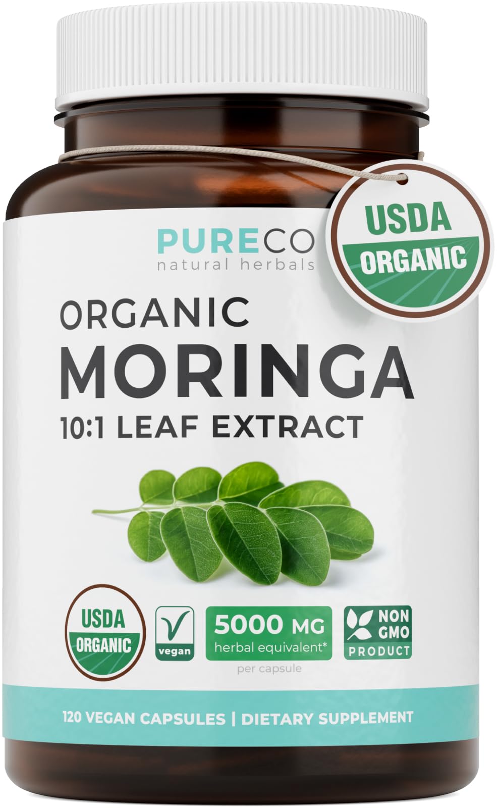 PURE CO Moringa Capsules front view, 140g bottle