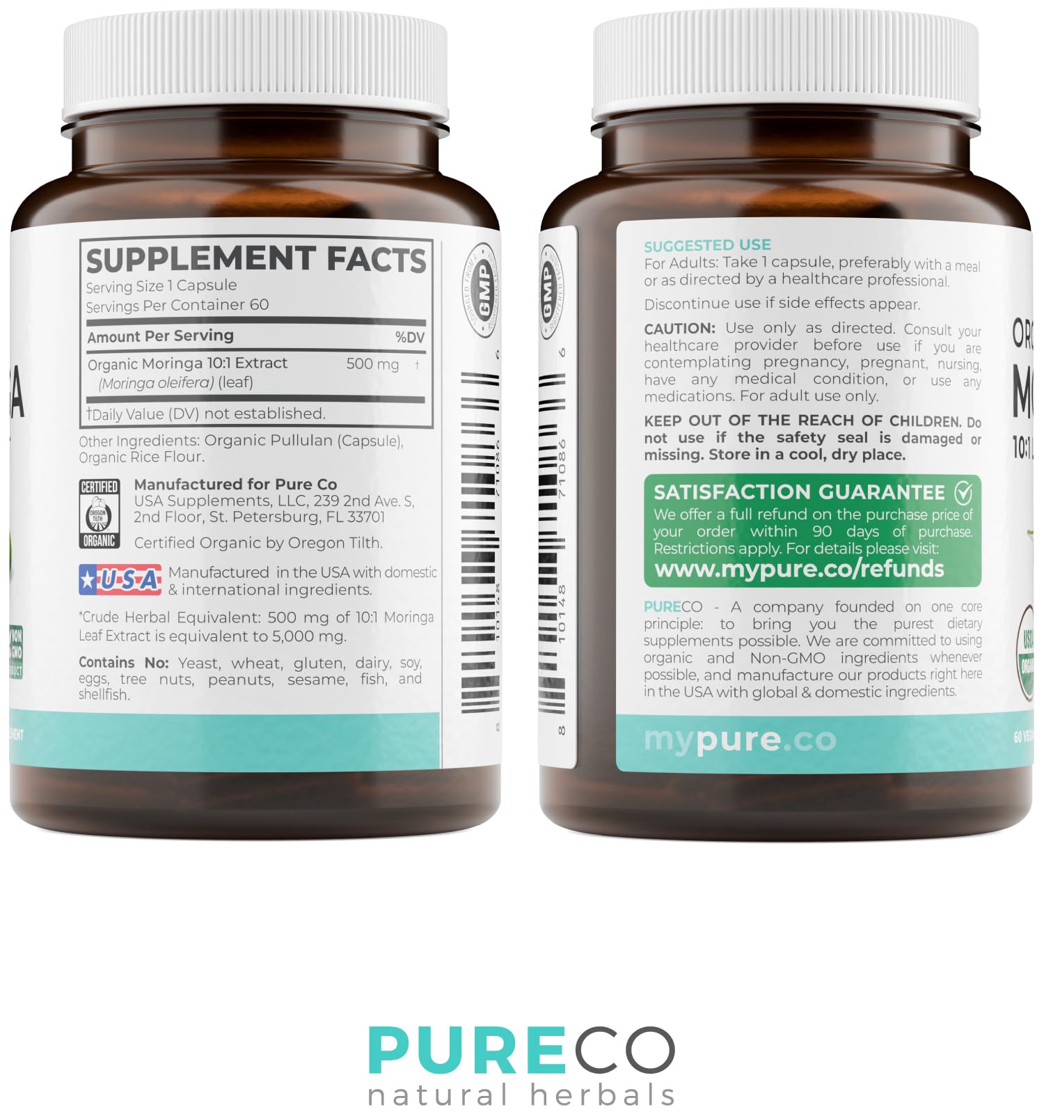PURE CO Moringa Capsules on a wooden table