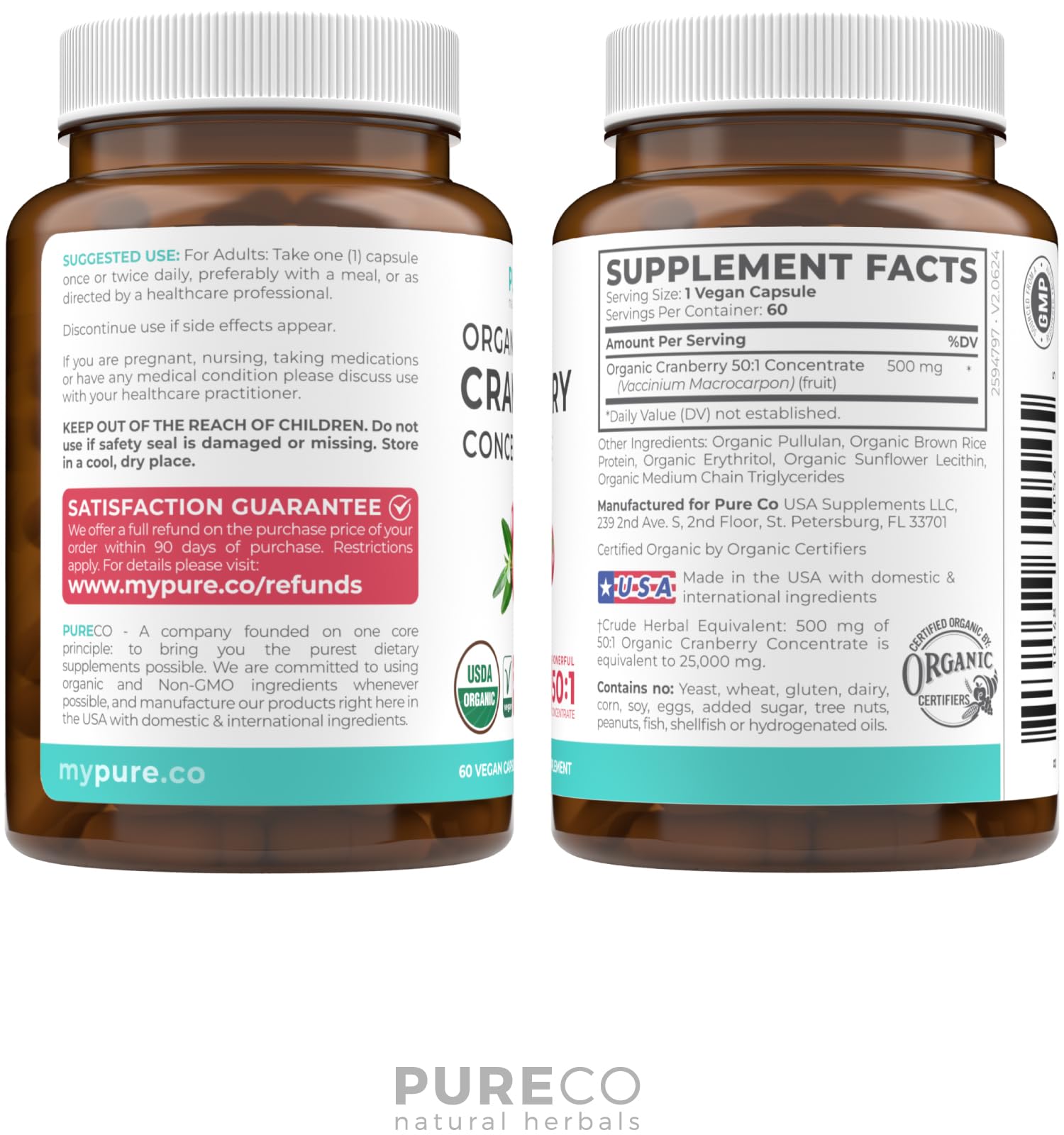 PURE CO Organic Cranberry Concentrate capsules in a hand