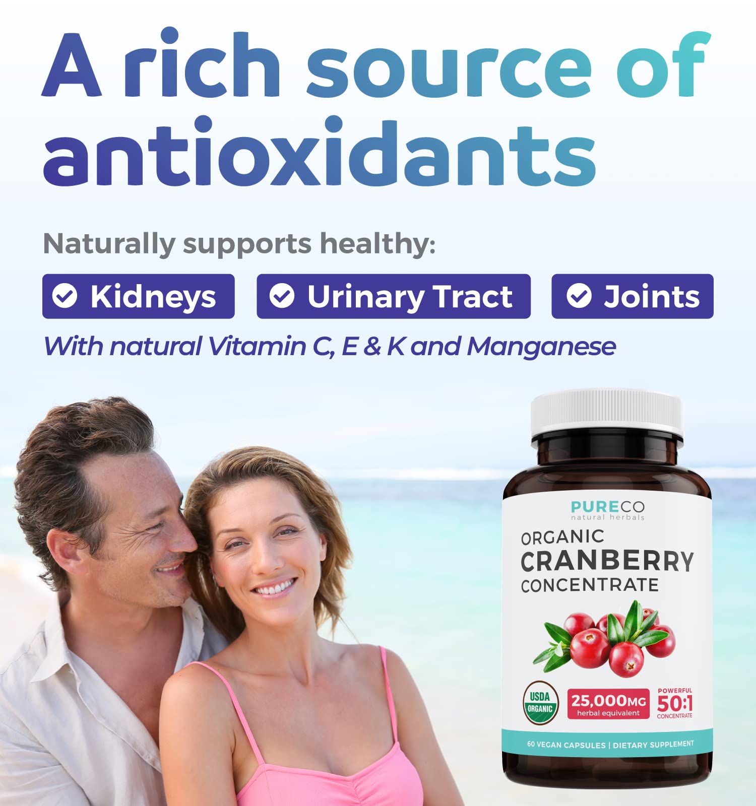 PURE CO Organic Cranberry Concentrate capsules on a wooden table