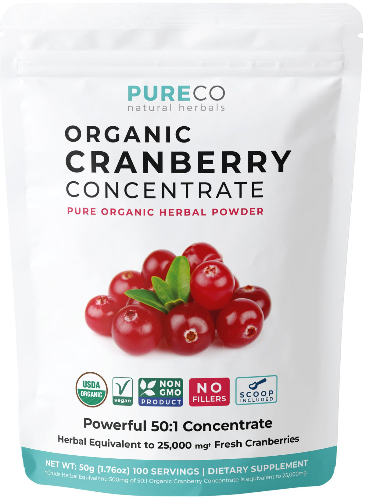 PURE CO Organic Cranberry Concentrate Powder front view packaging