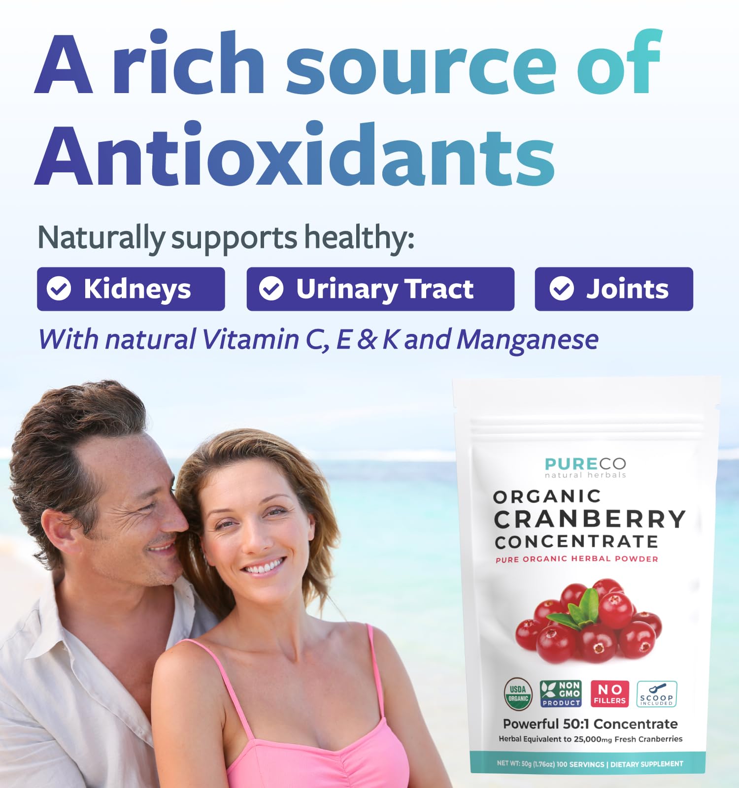 PURE CO Organic Cranberry Concentrate Powder scoop with powder