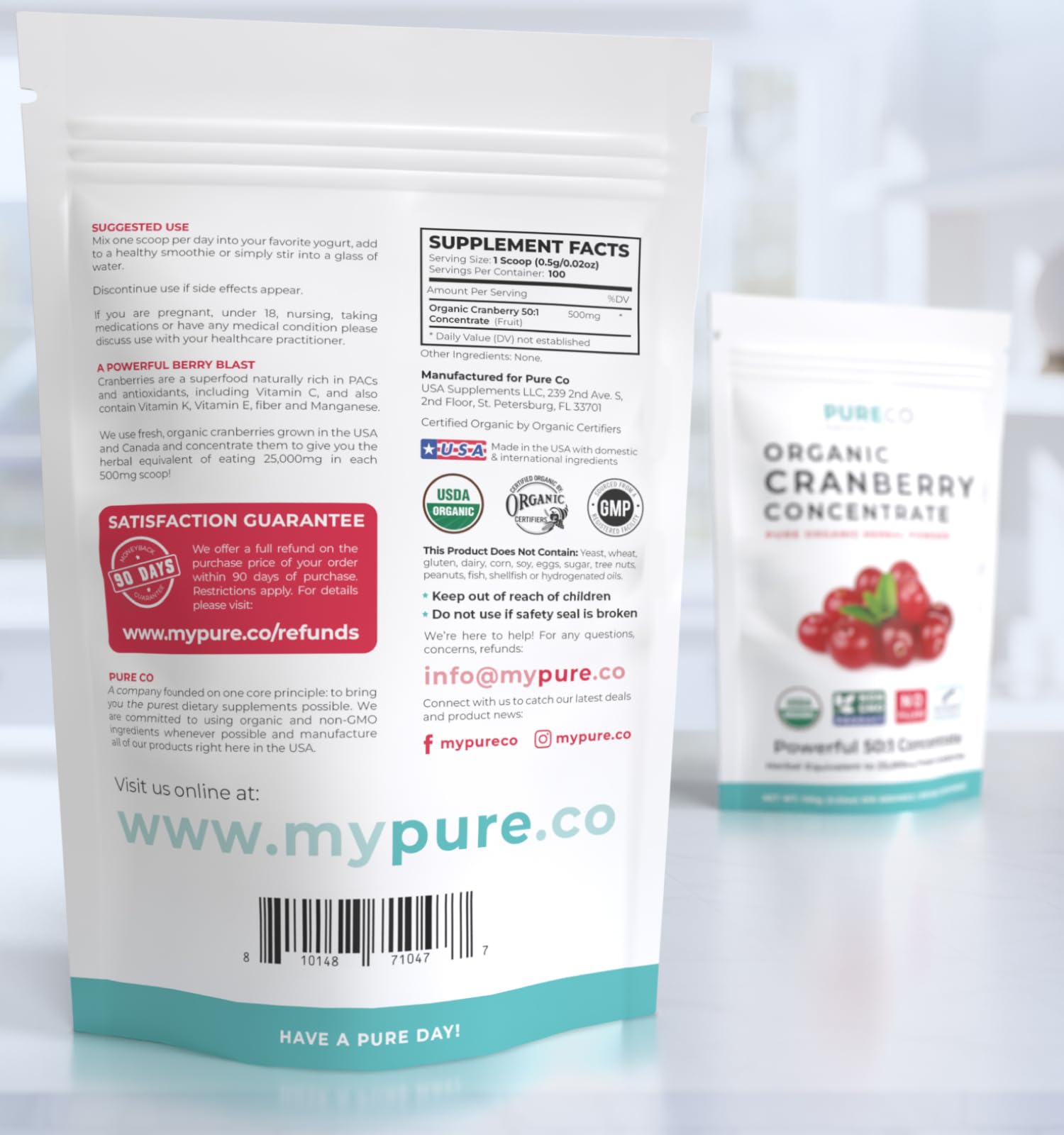PURE CO Organic Cranberry Concentrate Powder with fresh cranberries