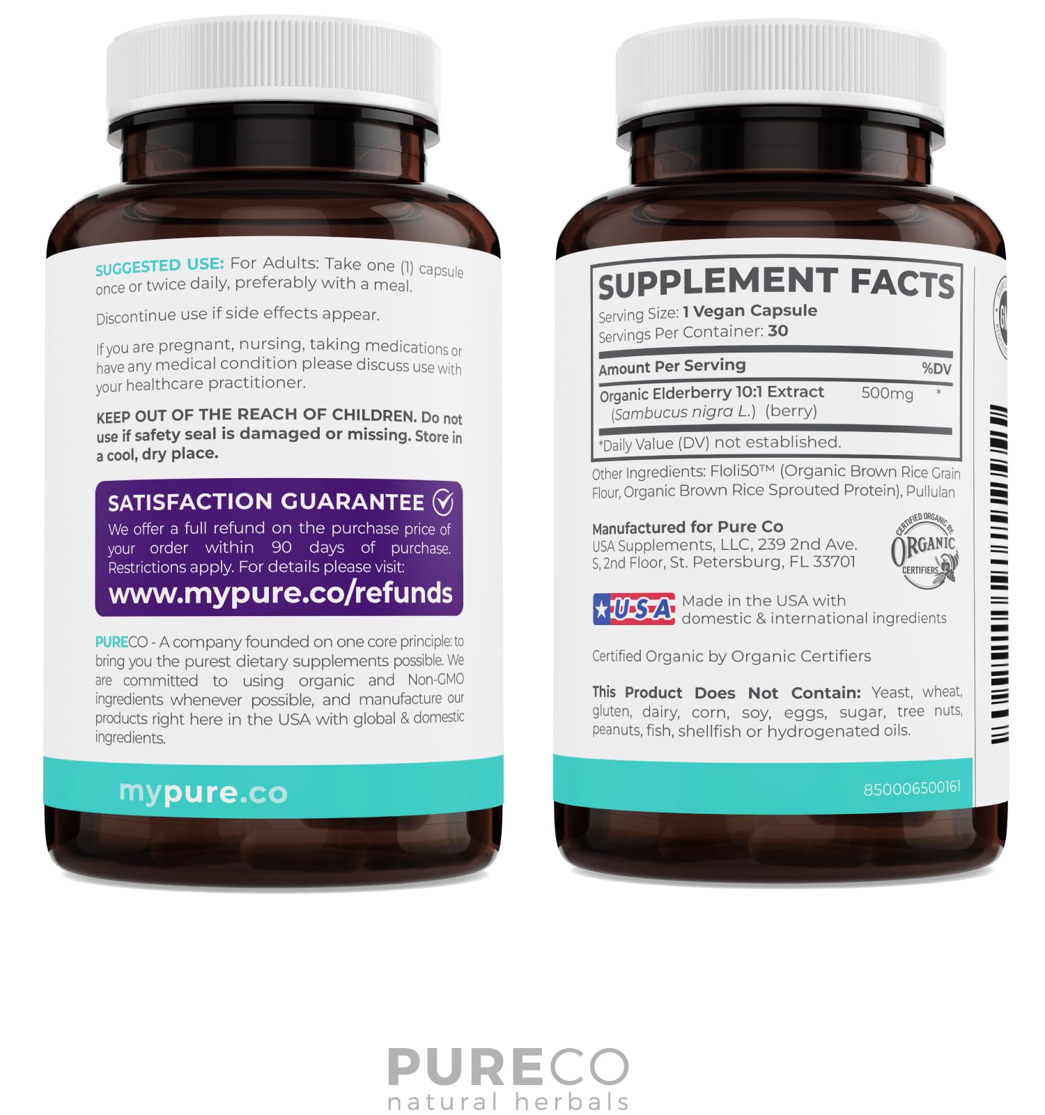 PURE CO Organic Elderberry Extract Capsules 500mg capsules on a wooden surface