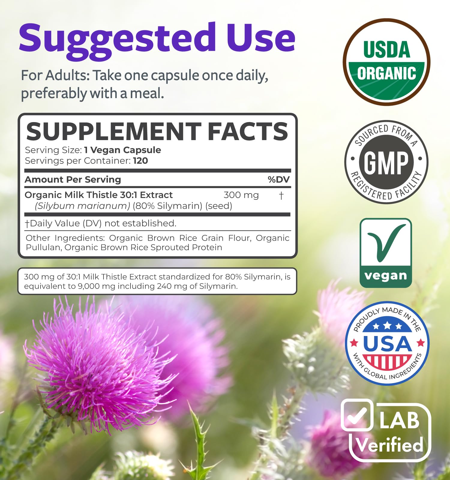 PURE CO Organic Milk Thistle Supplement 300mg bottle with label