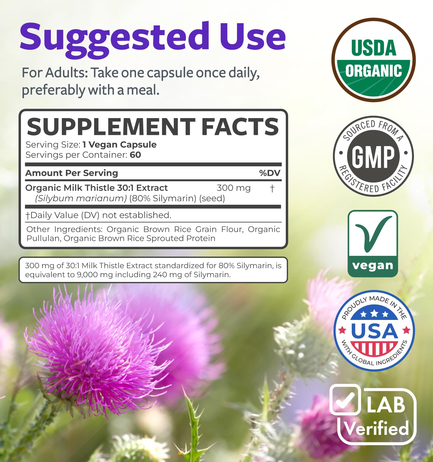 PURE CO Organic Milk Thistle Supplement 300mg ingredients list