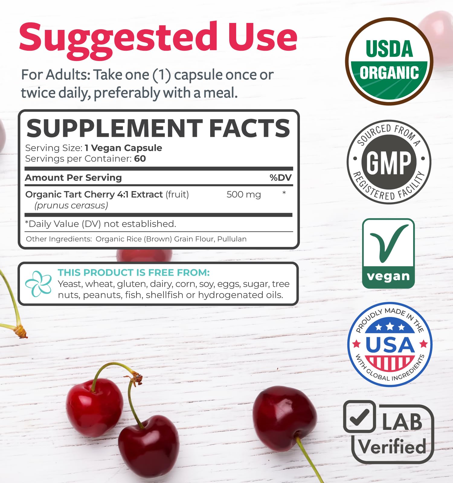 PURE CO Organic Tart Cherry Extract Capsules 500mg bottle with label