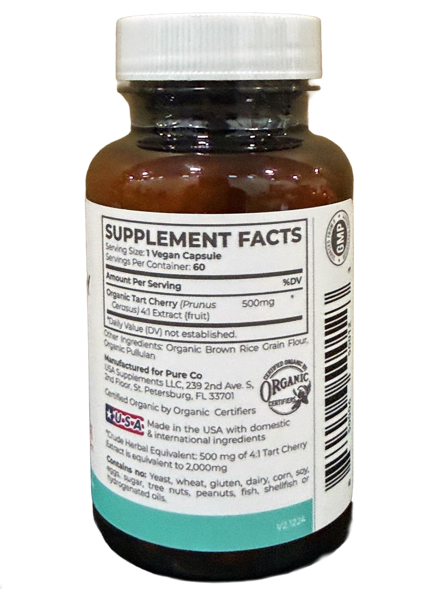 PURE CO Organic Tart Cherry Extract Capsules 500mg with fresh tart cherries