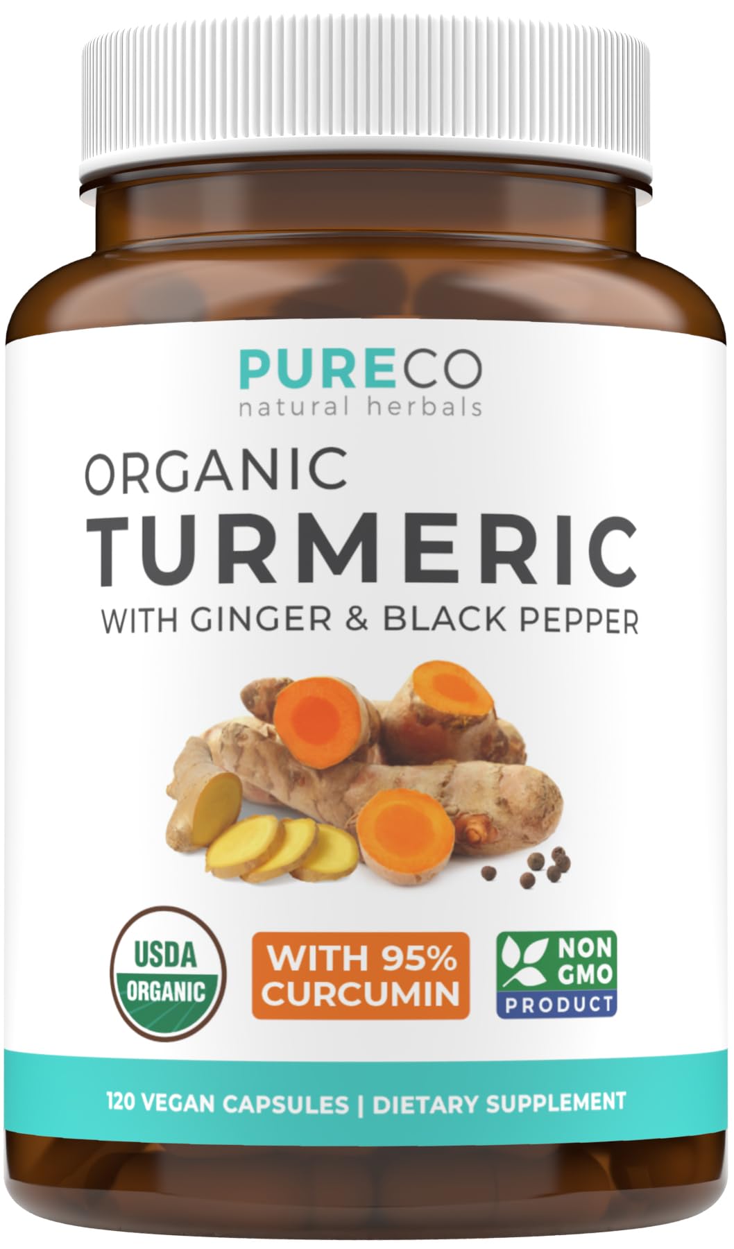 PURE CO Organic Turmeric Capsules front view with label