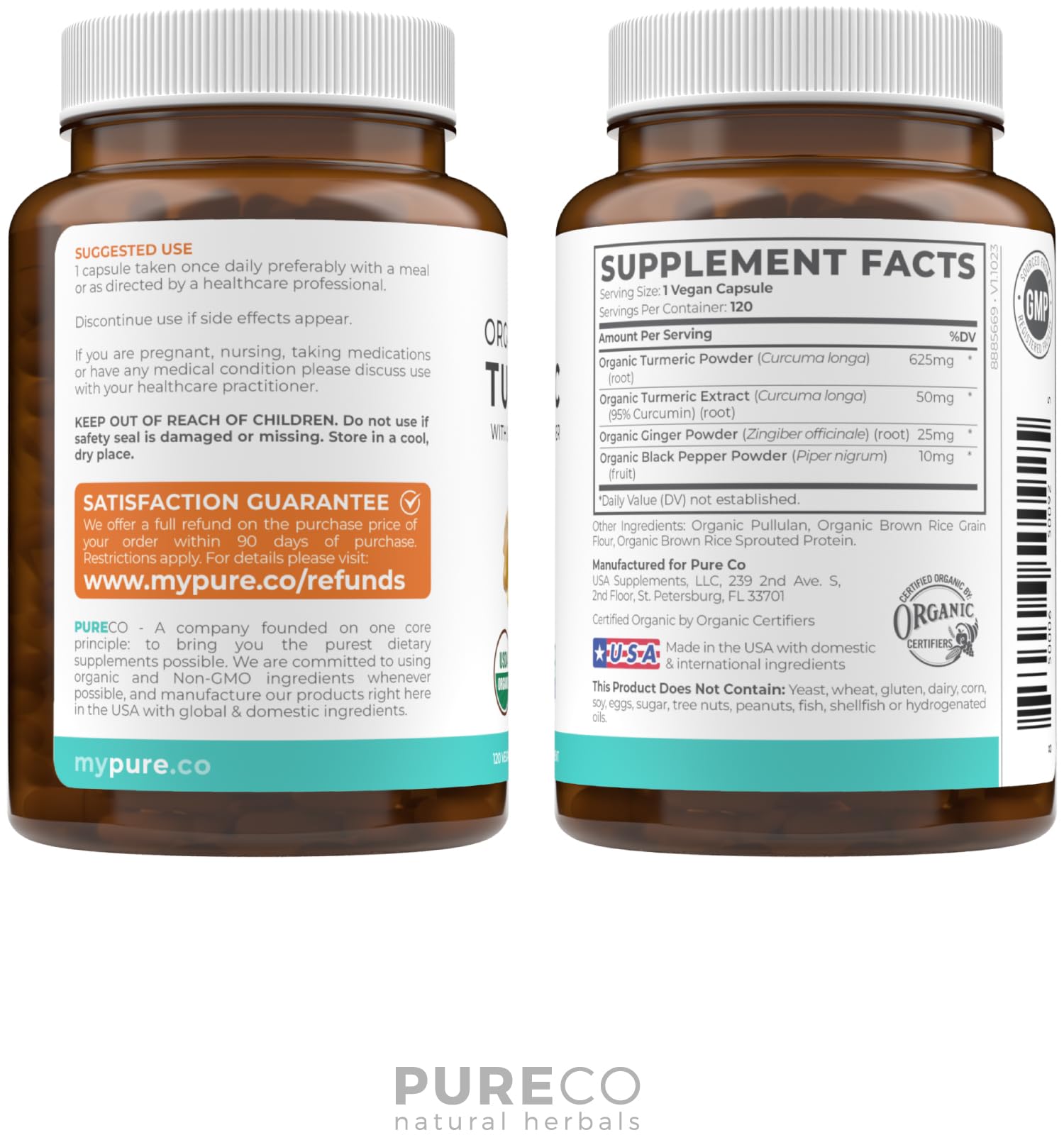 PURE CO Organic Turmeric Capsules packaging and serving size