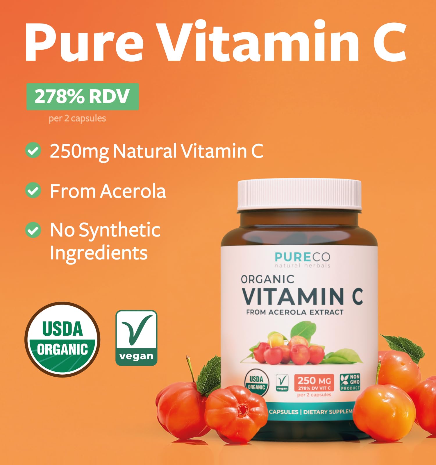 PURE CO Organic Vitamin C Capsules 250mg bottle side view