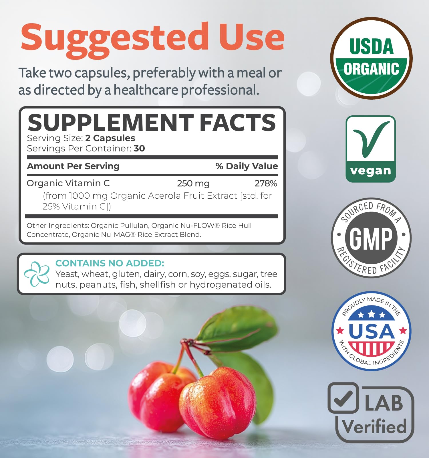 PURE CO Organic Vitamin C Capsules 250mg capsules on a table