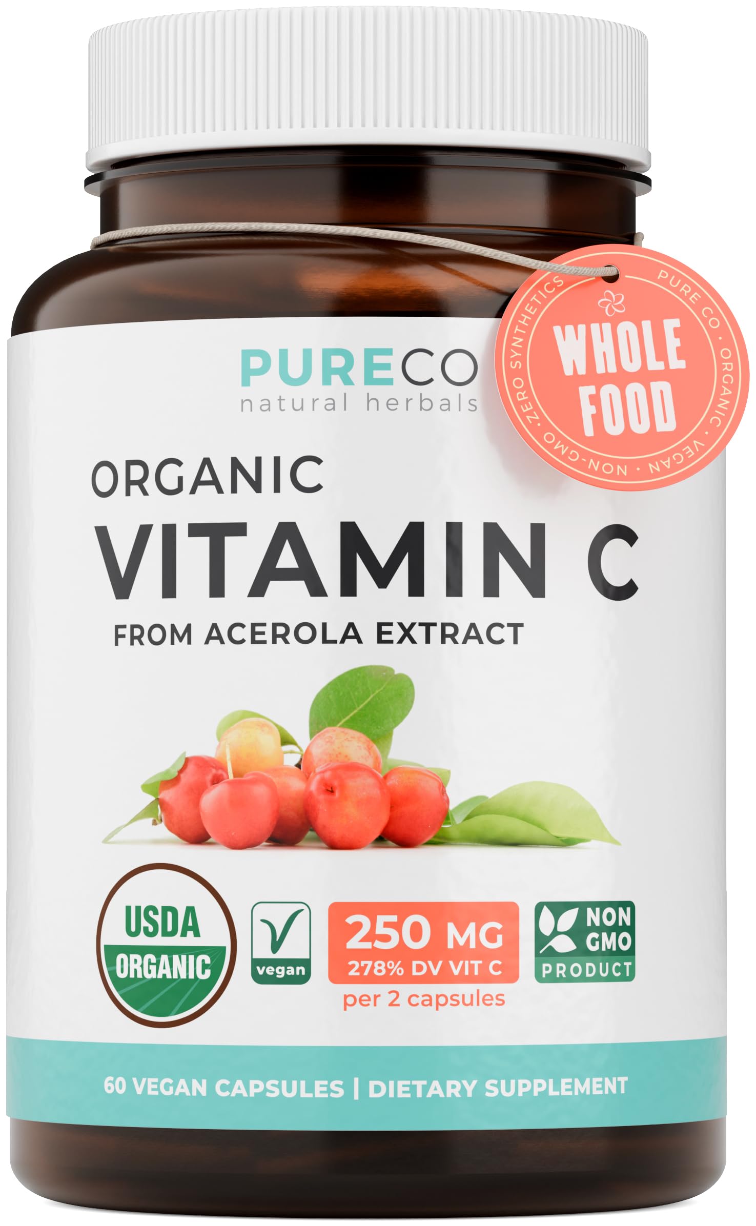 PURE CO Organic Vitamin C Capsules 250mg front view