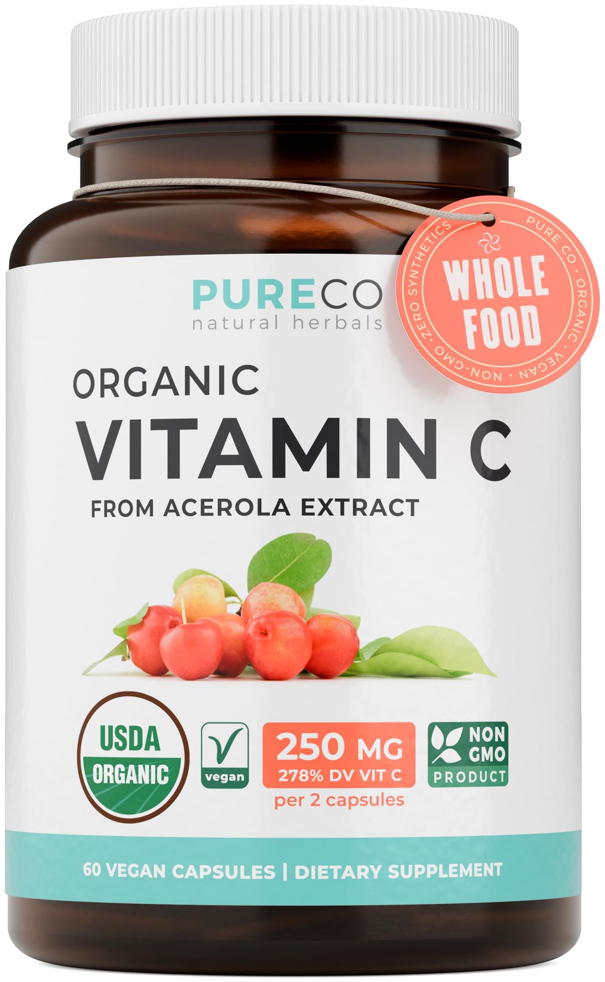 PURE CO Organic Vitamin C Capsules 250mg front view