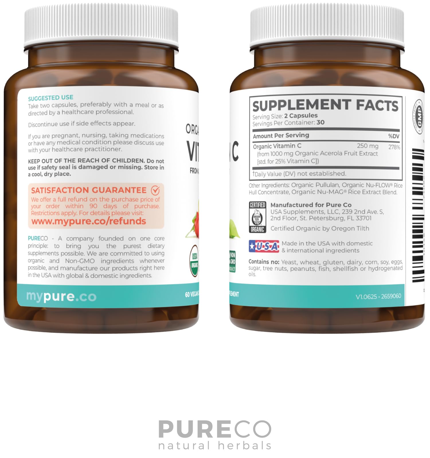 PURE CO Organic Vitamin C Capsules 250mg packaging