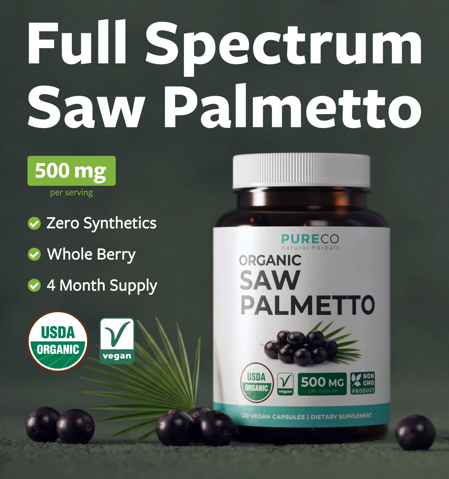 PURE CO Saw Palmetto Supplement capsules close-up