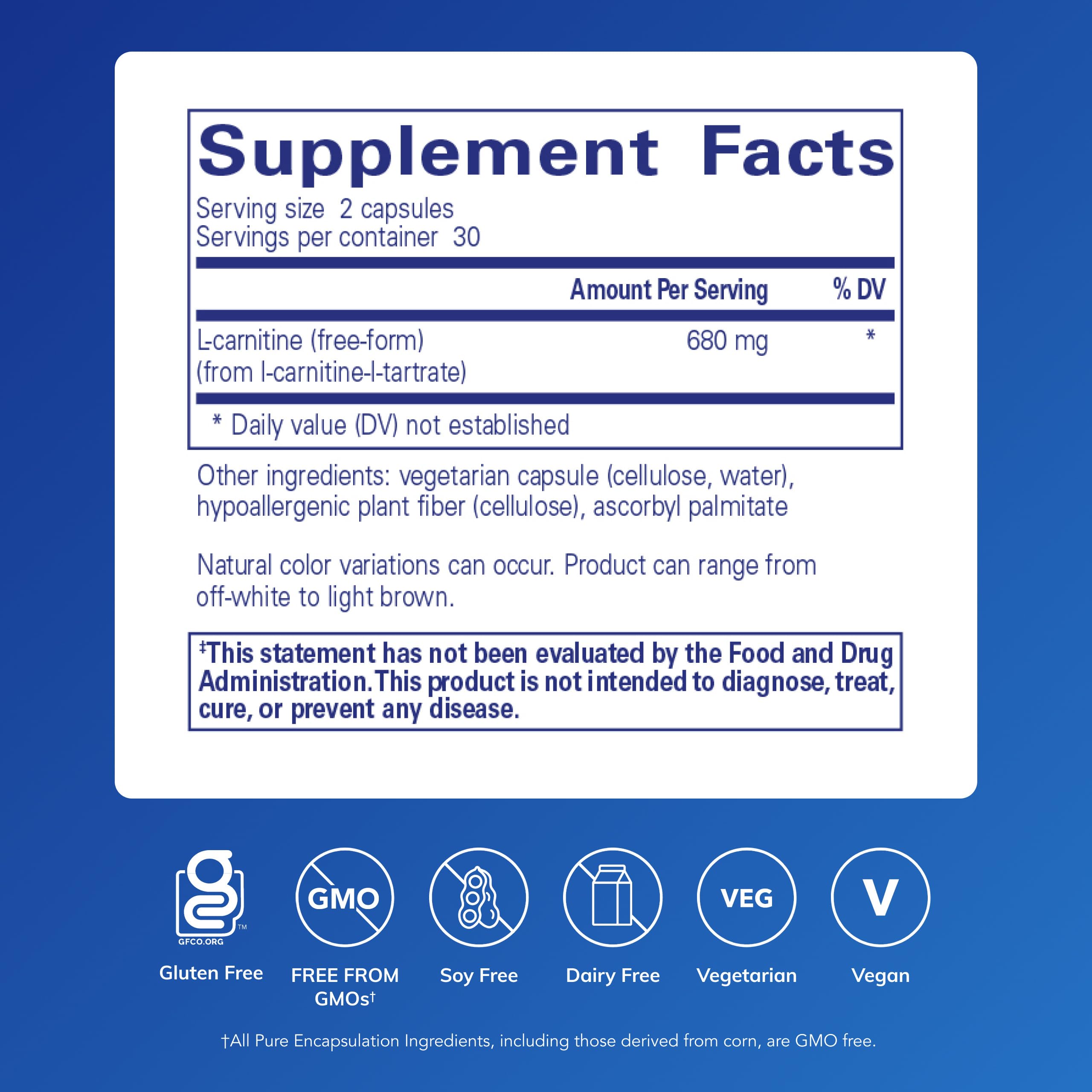 Pure Encapsulations Acetyl-L-Carnitine 680mg capsules side view