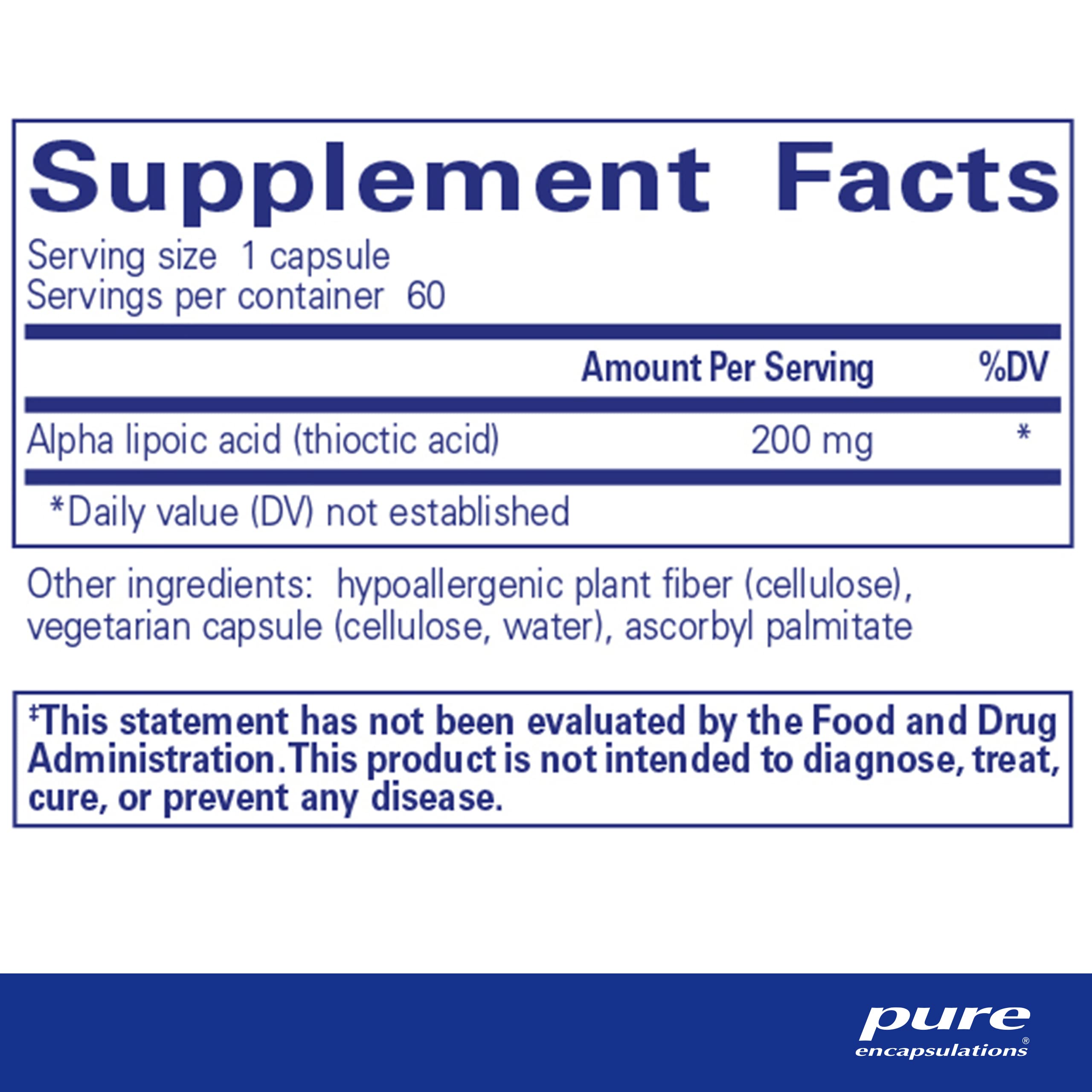 Pure Encapsulations Alpha Lipoic Acid 200mg supplement side view