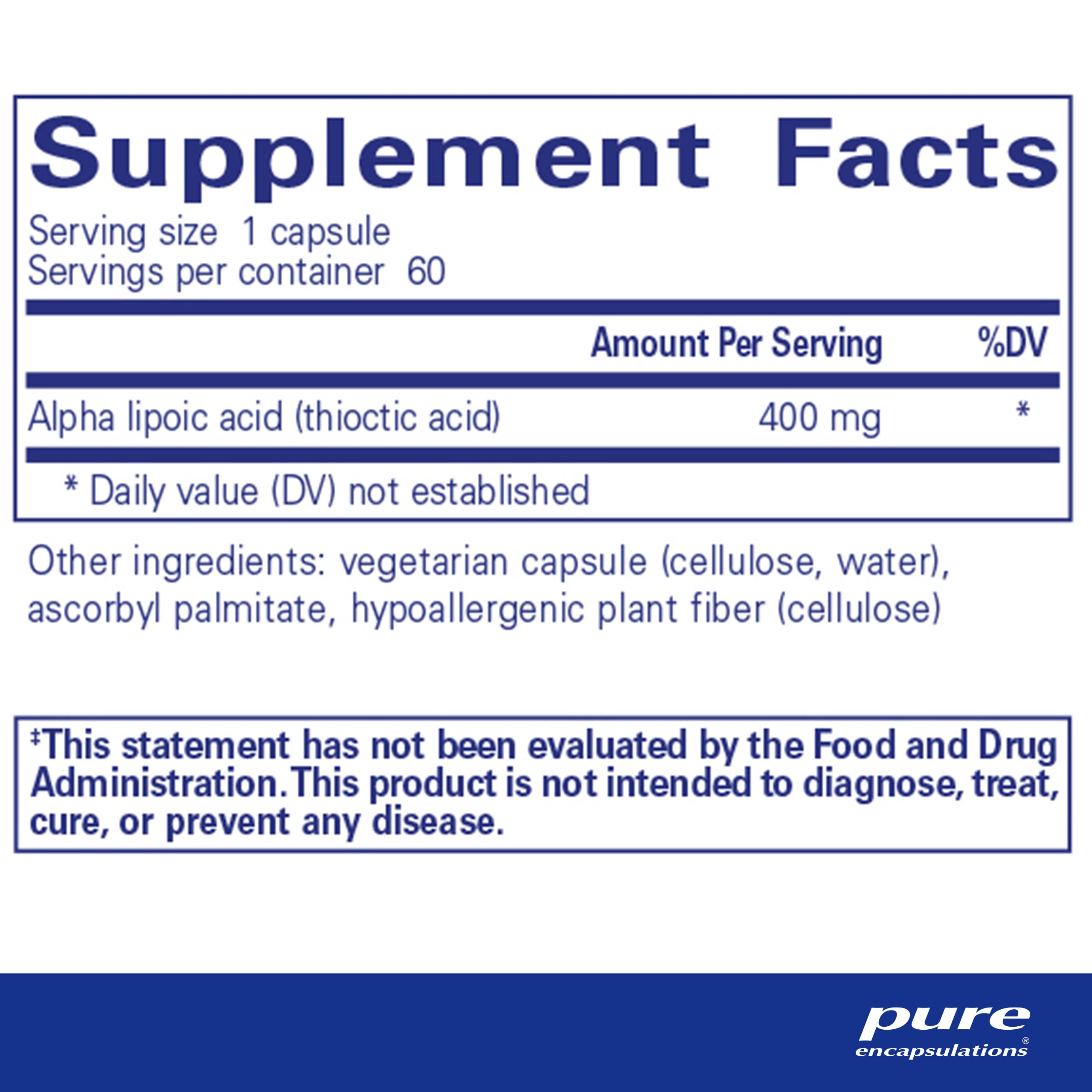 Pure Encapsulations Alpha Lipoic Acid 400mg supplement side view
