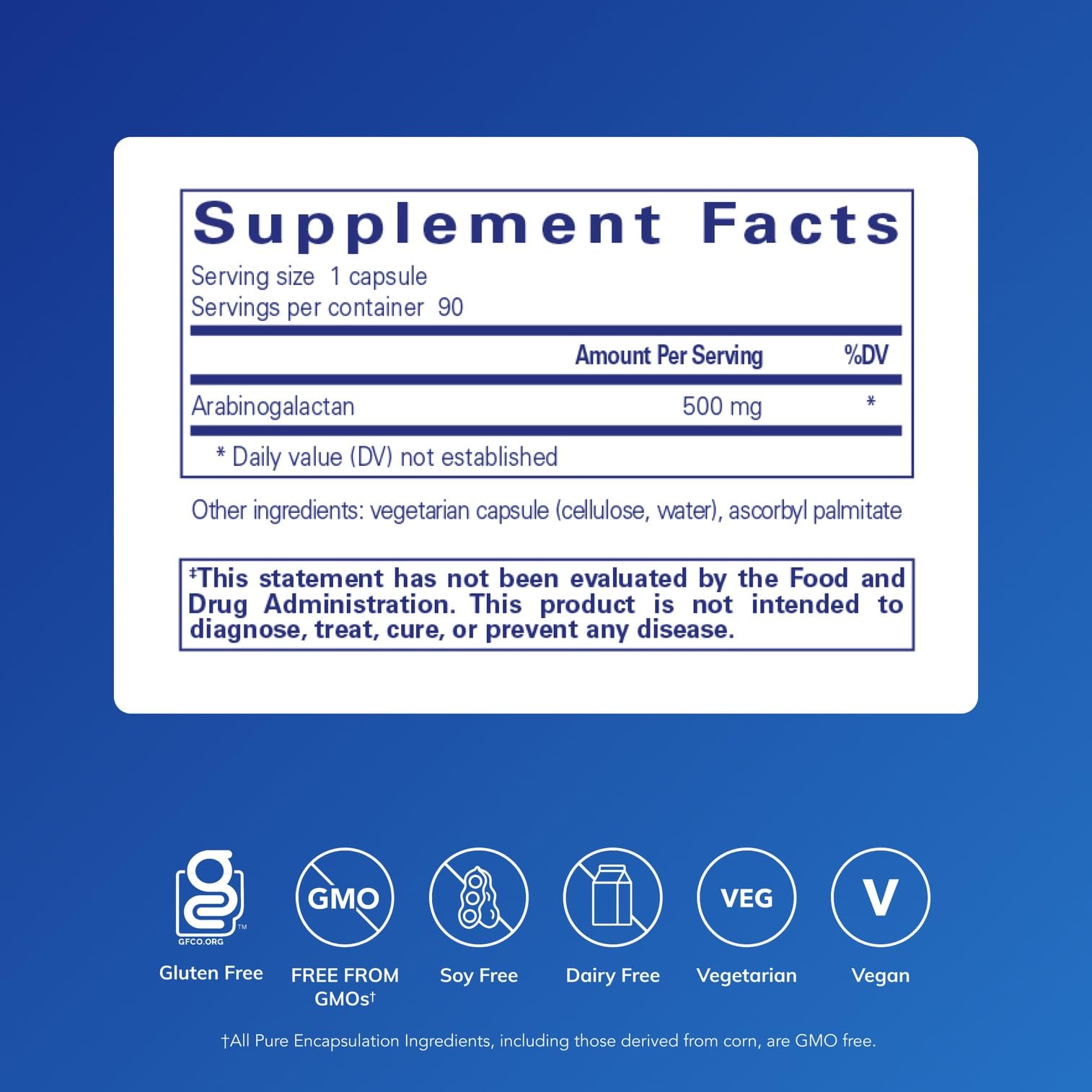 Pure Encapsulations Arabinogalactan 500mg vegetarian capsules side view
