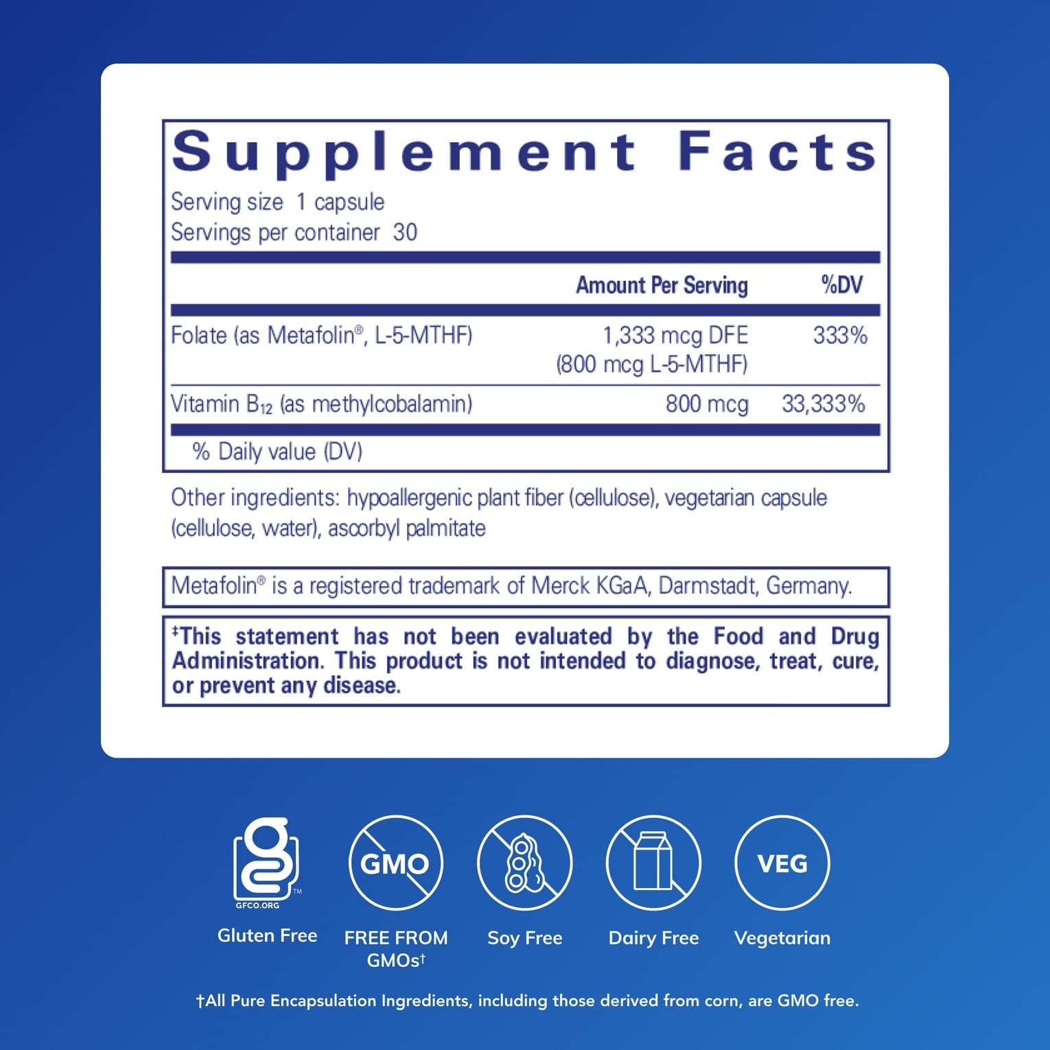 Pure Encapsulations B12 Folate Supplement 800mcg side view